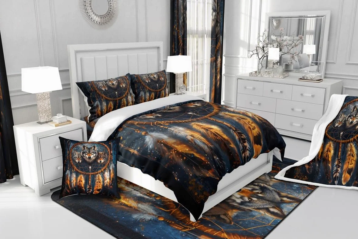 Homewish Poszewka na kołdrę z wilkiem, łapacze snów, zestaw pościeli, pióro w stylu boho, super king, poszewka na kołdrę dla dzieci, mężczyzn, egzotyczne zwierzęta plemienne, dzikie łóżko