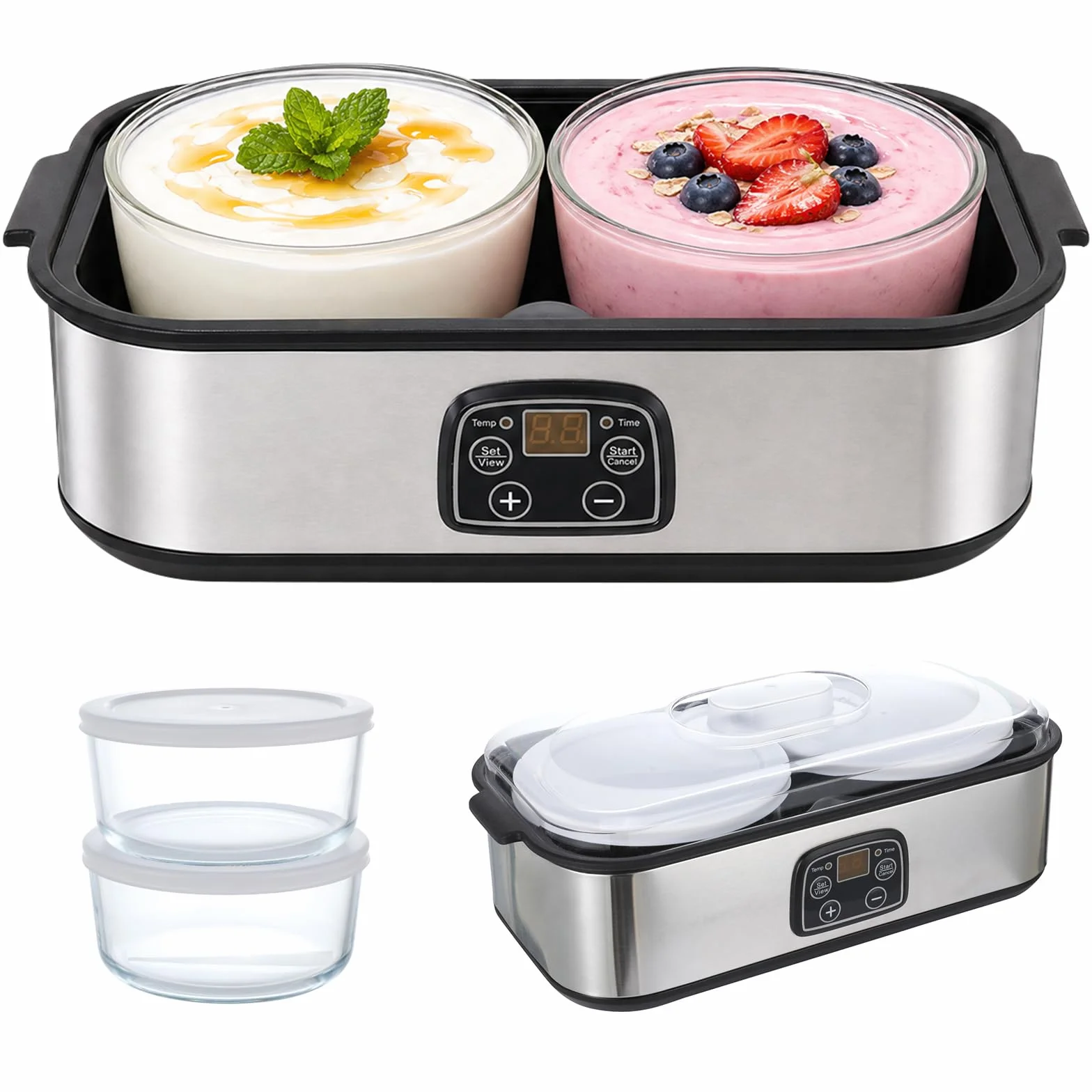 Automatyczna maszyna do jogurtu, 2 l, regulowana temperatura i timer, urządzenie do jogurtu z 2 szklankami, do jogurtu greckiego, sera, natto, wina ryżowego (srebrny, 2 l)