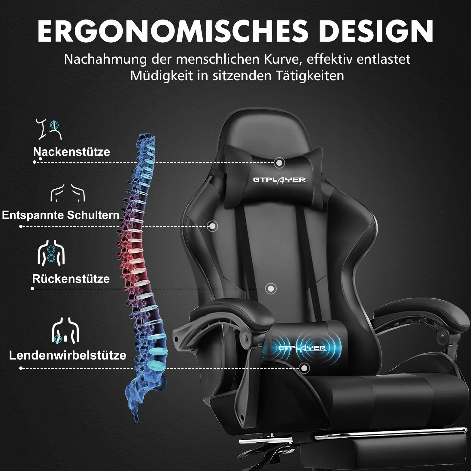 GTPLAYER Krzesło gamingowe ergonomiczne z podparciem masażu, podnóżkiem i zagłówkiem, czarna sztuczna skóra