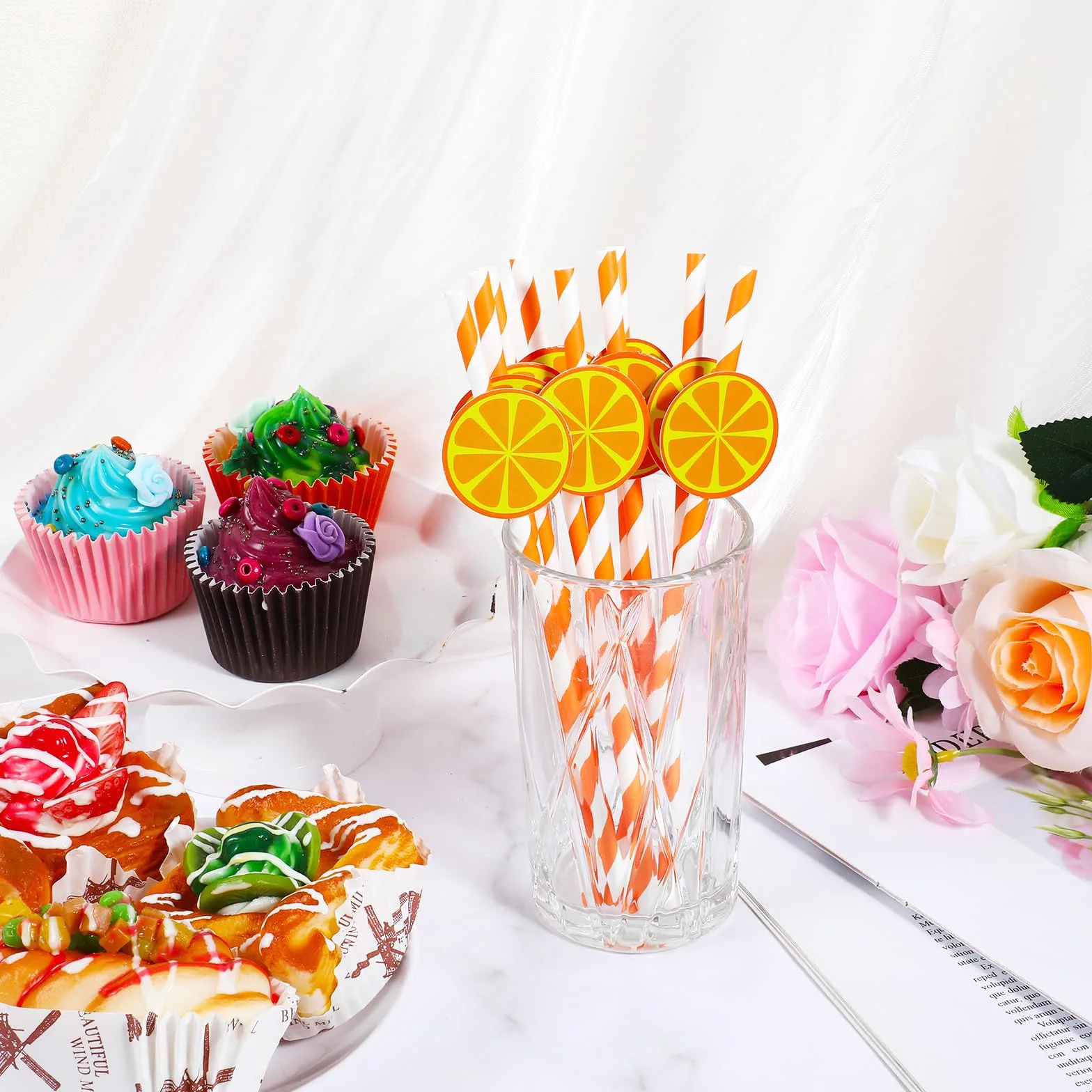 Giantree 50 szt. papierowych słomek w paski cytrynowe, jednorazowe słomki do picia, urocze owoce, dekoracyjna papierowa słomka na imprezę, na jesień, ślub, baby shower, dekoracja, artykuły na