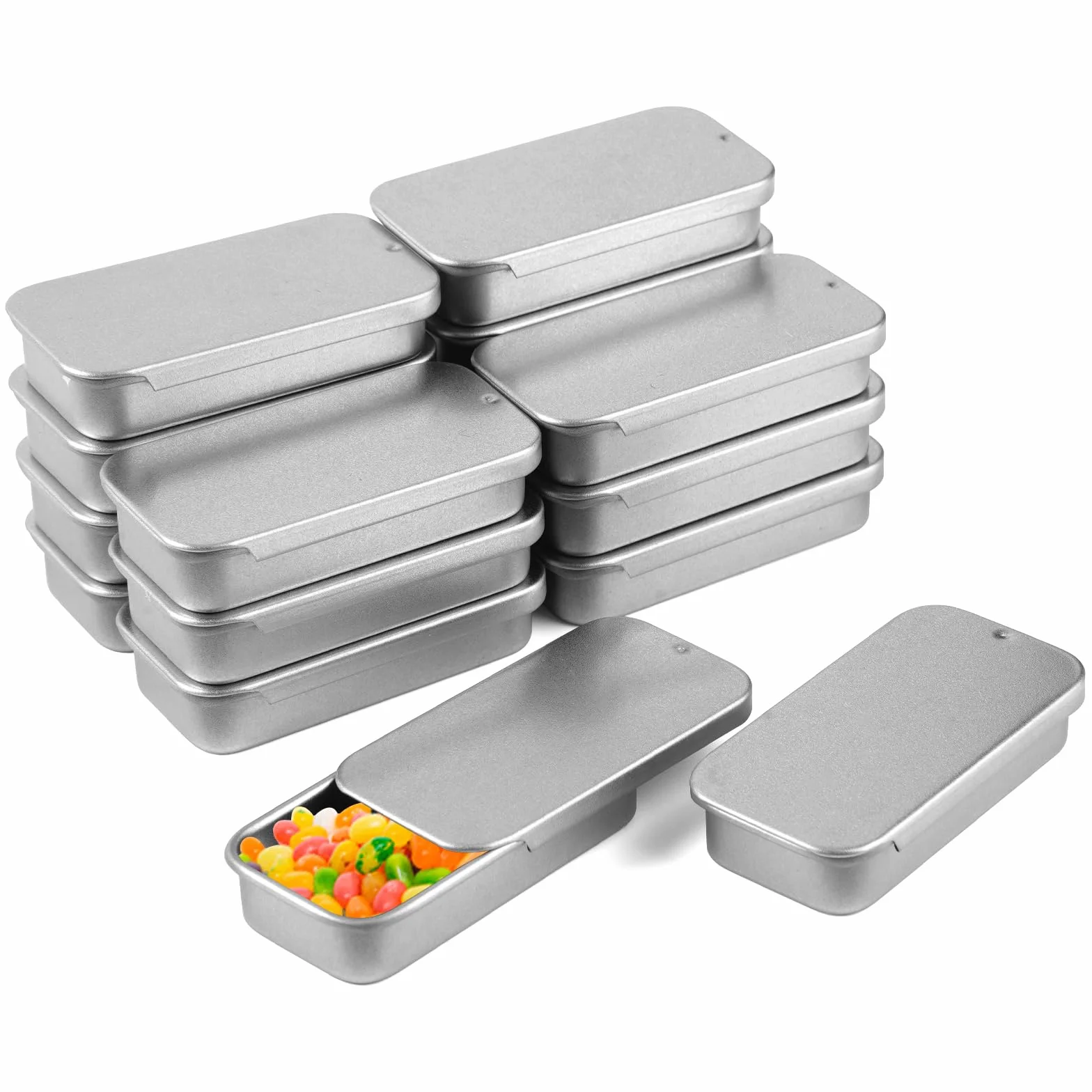 16 sztuk małych pojemników metalowych, 5 × 2,5 × 1 cm, prostokątne metalowe pojemniki na puszki, małe metalowe pojemniki z przesuwaną pokrywką, mini metalowe pudełka na słodycze, biżuterię