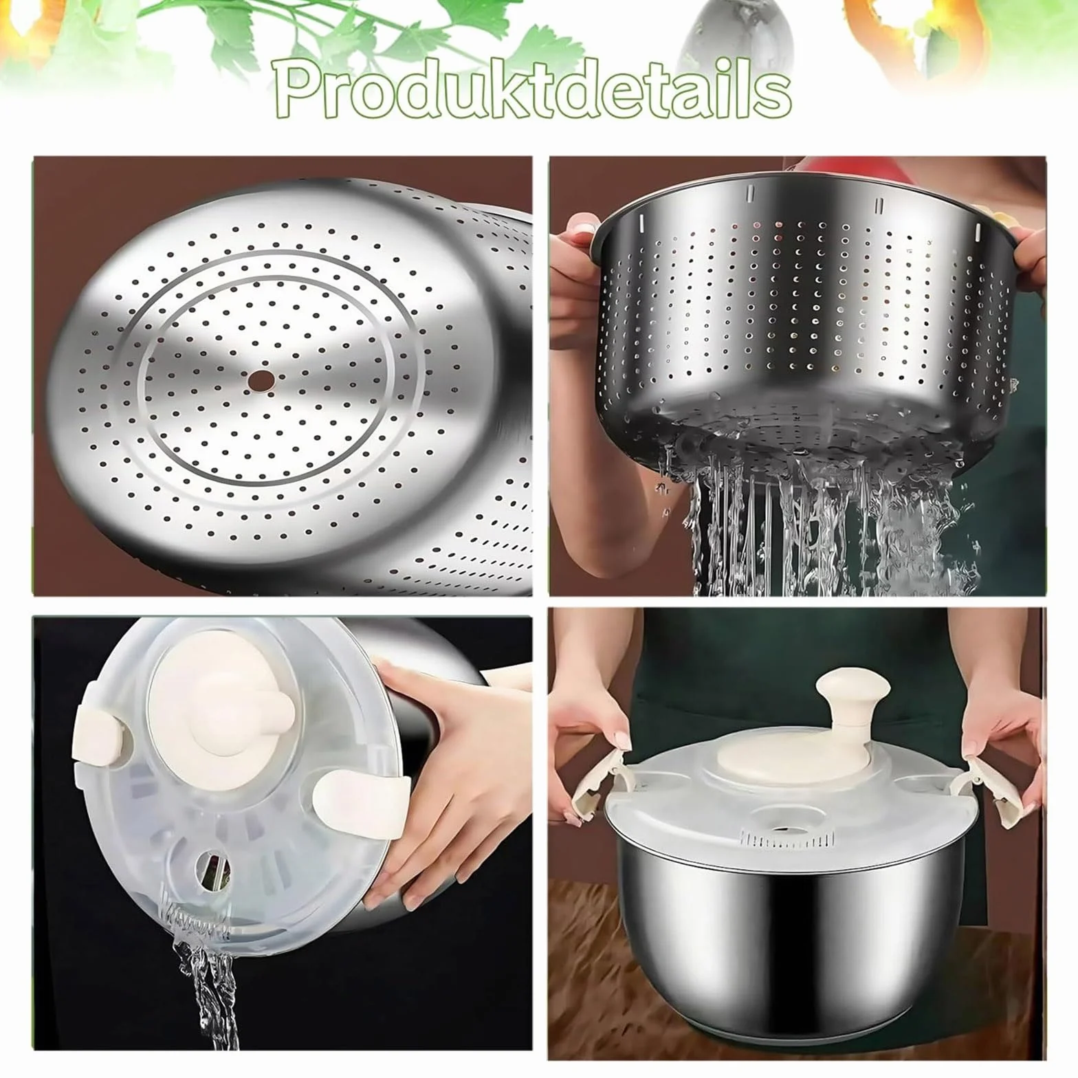6L wirówka do sałaty ze stali nierdzewnej z przyciskiem stop, przezroczysta pokrywa, otwór odpływowy, podstawa antypoślizgowa, suszarka do sałaty bez BPA z korbką, łatwa w użyciu, wielofunkcyjna