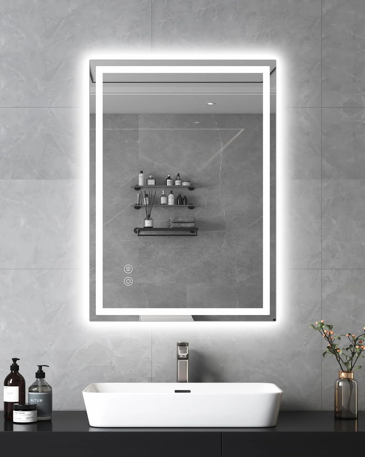 Lustro łazienkowe z oświetleniem LED, 50 x 70 cm, z włącznikiem dotykowym, przeciwmgielne, możliwość ściemniania, 3 temperatury barwowe, funkcja pamięci, wodoszczelne (IP44), lustro łazienkowe