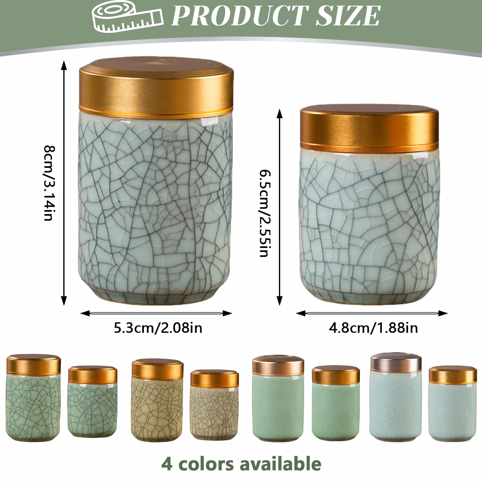 2 małe ceramiczne pojemniki do matchy, zestaw matcha, ceramiczna puszka na herbatę, przenośne pojemniki do przechowywania, 70 ml + 100 ml matcha, puszki na herbatę sypką (zielone, B)