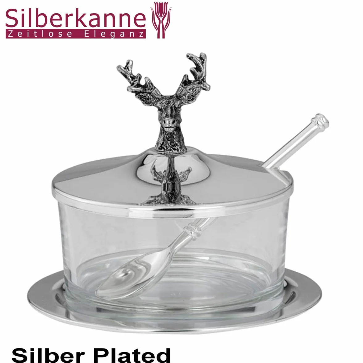 Maselniczka z nożem jeleń 2-częściowa 10 x 8,5 x 9,5 cm 1/4 funta Premium srebro platerowane szlachetnie posrebrzane w doskonałym wykonaniu. Gotowa do podarowania w eleganckim opakowaniu