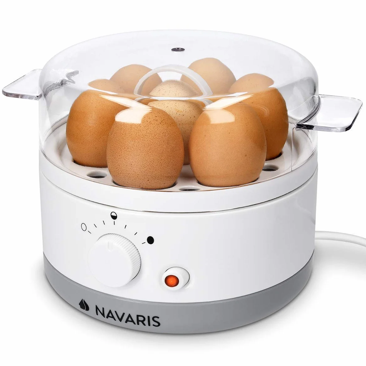 Navaris Jajowar na 1-7 jajek, w zestawie kubek z miarką wody z wykrawaczem do jajek, regulowany stopień twardości, 350 W, 22 x 17,5 x 14,5 cm, biały