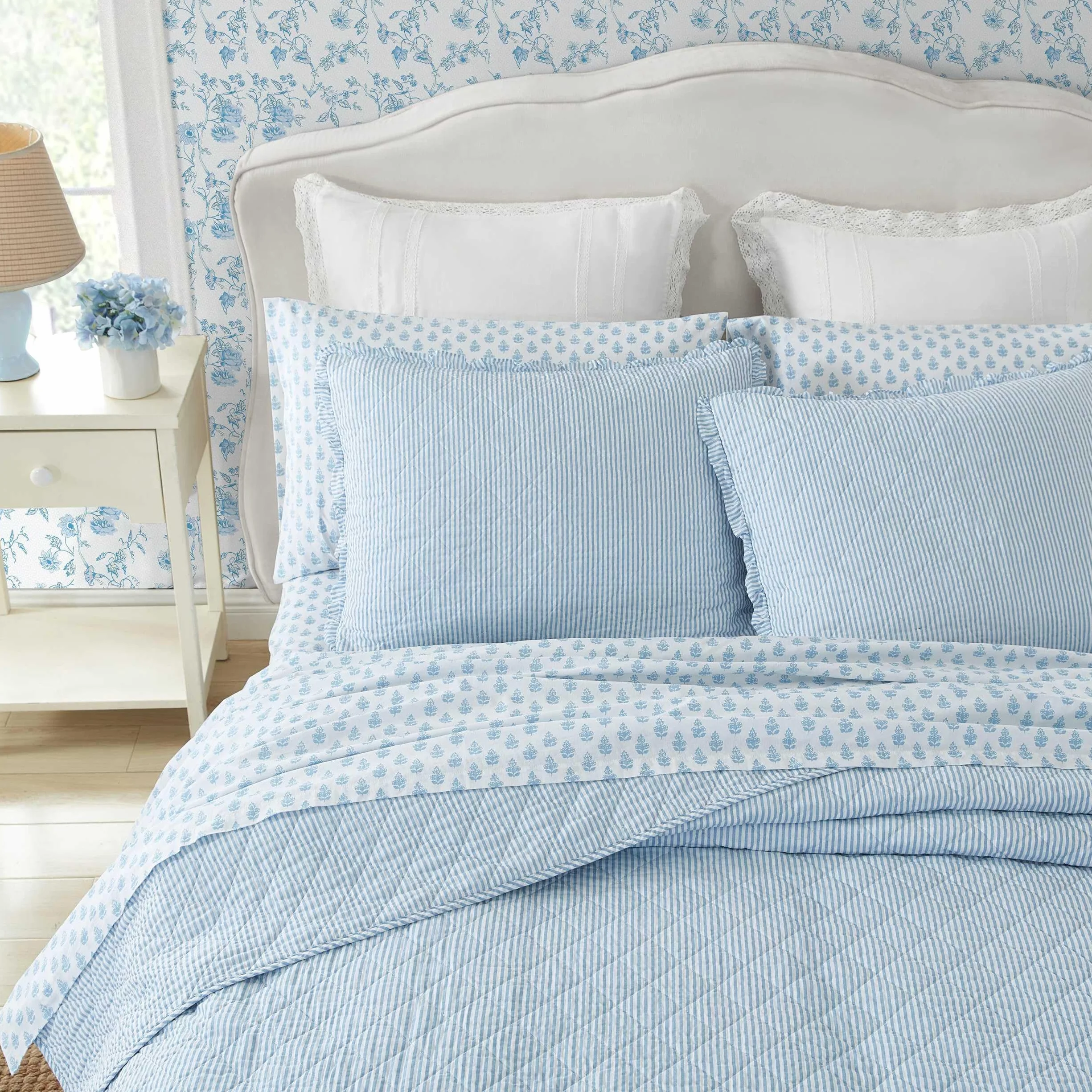 Laura Ashley Quilt Set King Oxford Stripe Blue Super Soft Bedding Sham