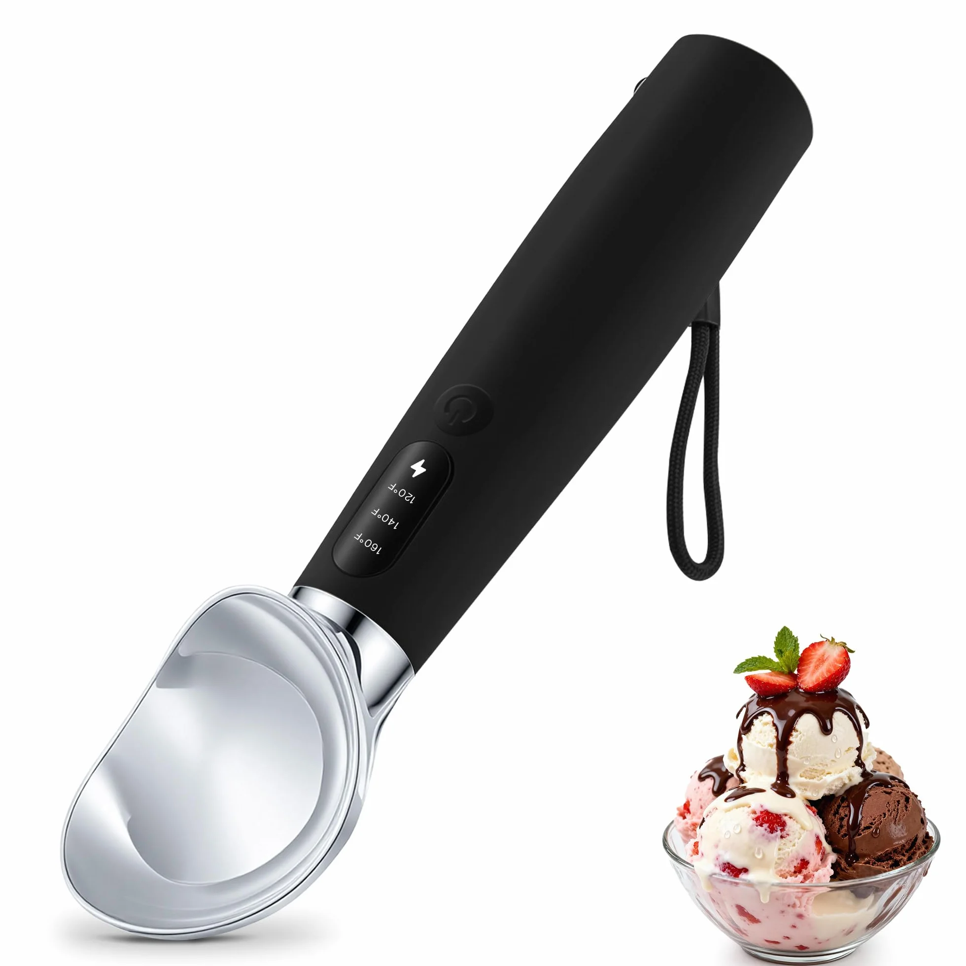 VRAIKO Heated Ice Cream Scoop | Warming Icecream Scooper with 3-Level Adjustable Heats - 120/140/160℉, LED Display, 2600mAh Capacity, Rechargeable | for Hard Ice Cream and More (Black)