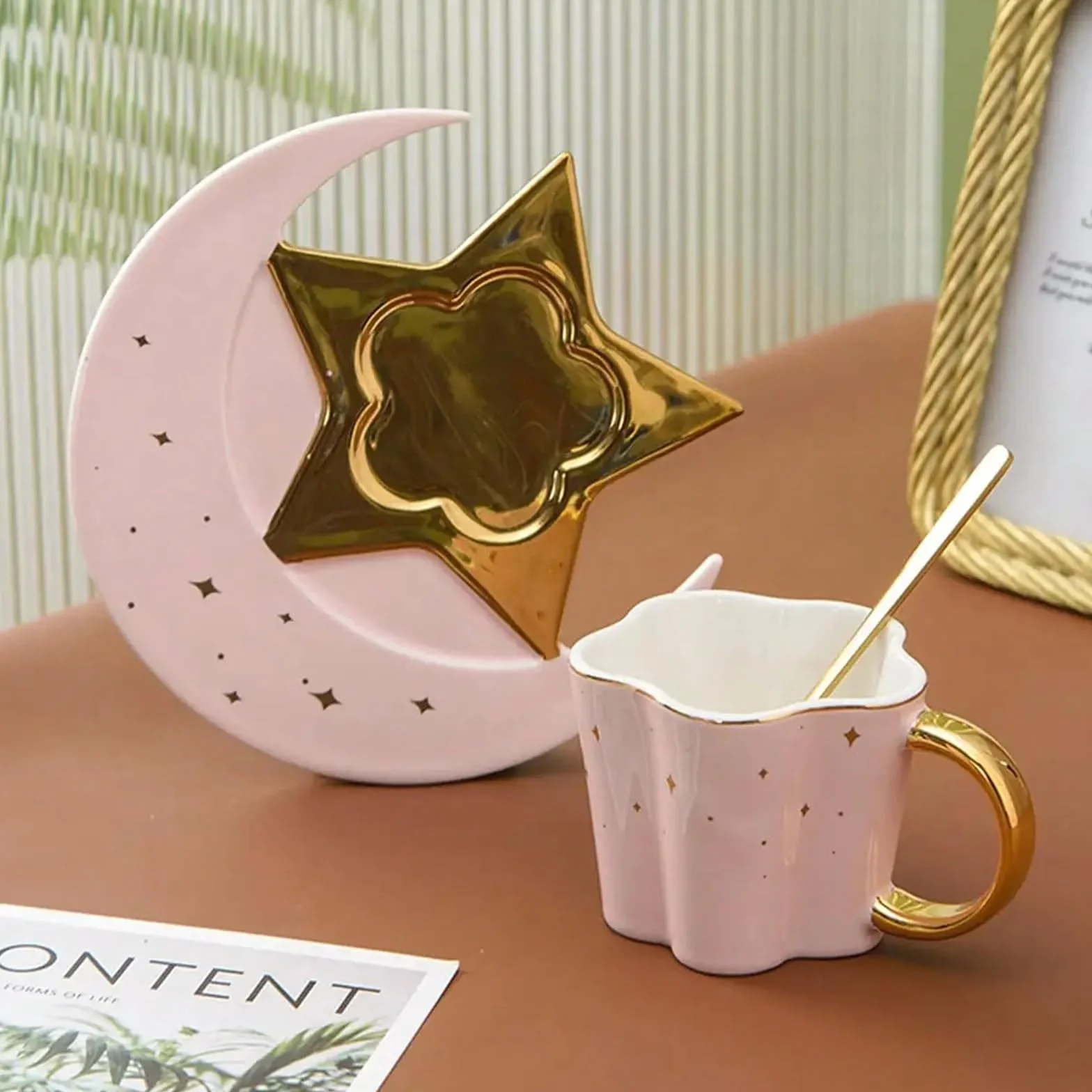1 szt. kubek gwiazda księżyc ceramiczny kubek do kawy z filiżanką talerz łyżka popołudniowa herbata
