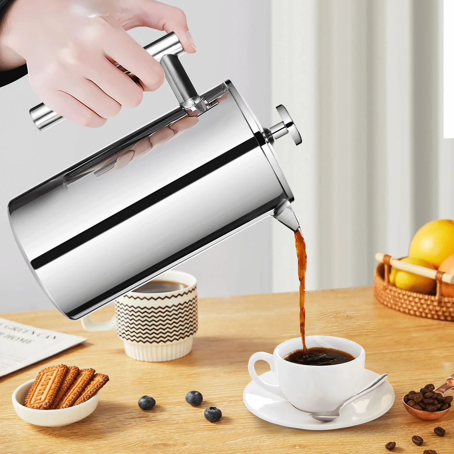 Zaparzacz do kawy 1000 ml, French Press, stal nierdzewna, prasa do kawy 8 filiżanek z systemem 3 filtrów ze stali nierdzewnej, izolowany dzbanek do kawy z podwójnymi ściankami i zaparzacz do