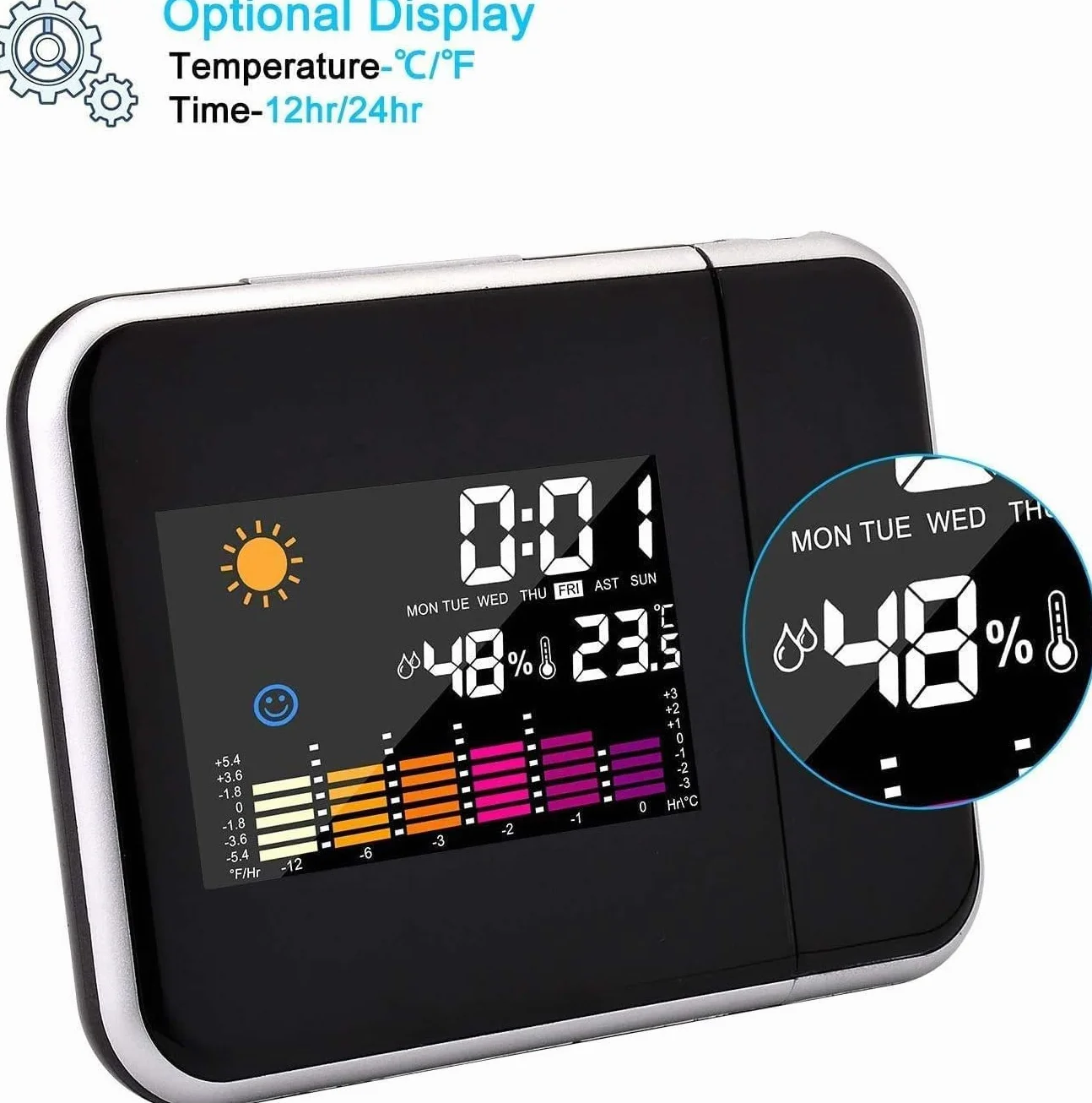 Cyfrowy budzik z projektorem LED, ładowanie USB, kolorowy wyświetlacz LCD, cyfrowy budzik z funkcją drzemki, higrometr, temperatura wewnętrzna, budzik, wyświetlanie daty, 12 i 24, do sypialni, biura