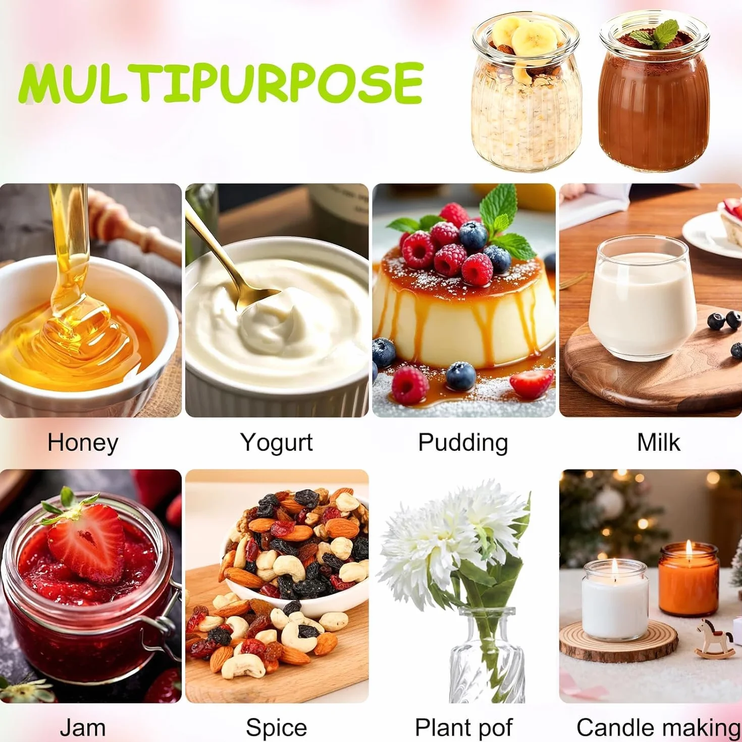 200 ml Przezroczyste słoiczki na jogurt z pokrywką, 12 sztuk, wielofunkcyjne szklane pojemniki na deser do dżemu, miodu, deserów, musli, świec, wielokrotnego użytku