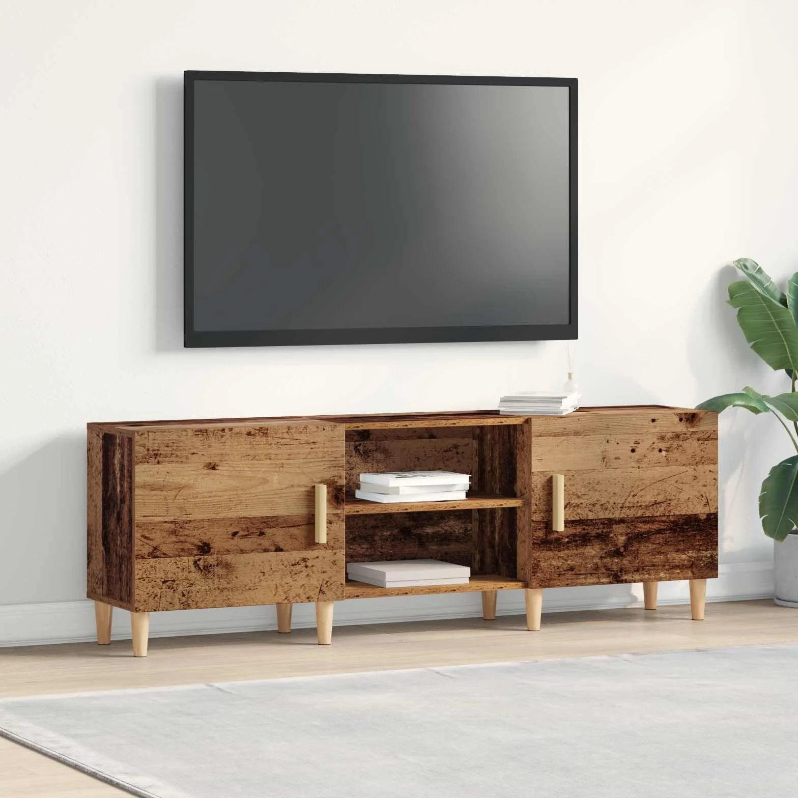 Générique Szafka pod telewizor Antyczna drewniana 150 x 30 x 50 cm Drewno Ingenierie | Solidne półki, drewniane nogi stożkowe, drzwi z czarnymi stalowymi uchwytami D, przechowywanie multimediów