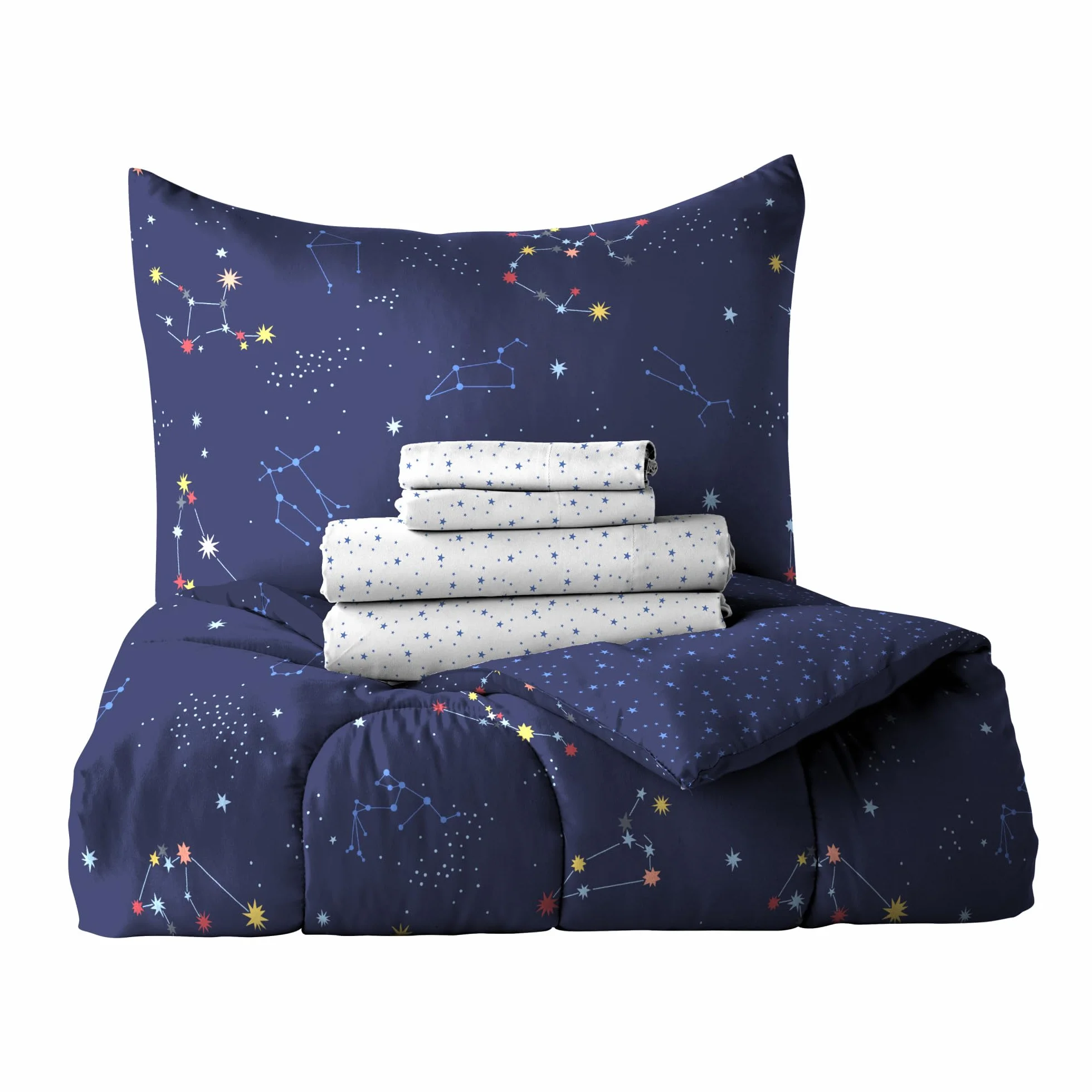 dream FACTORY 5-częściowy zestaw pościeli dla dzieci, łatwa do prania, super miękka pościel z mikrofibry, podwójna, granatowy znak zodiaku