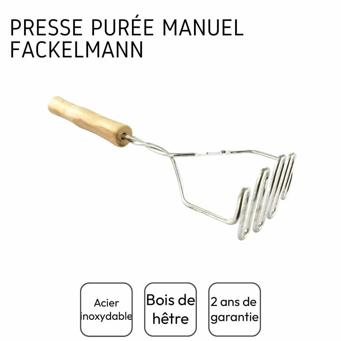 Fackelmann 521417 Ręczna prasa do puree, wyciskarka do warzyw, profesjonalna prasa do puree, kruszy warzywa, drewno, stal nierdzewna, 29 x 9,5 x 5,5 cm