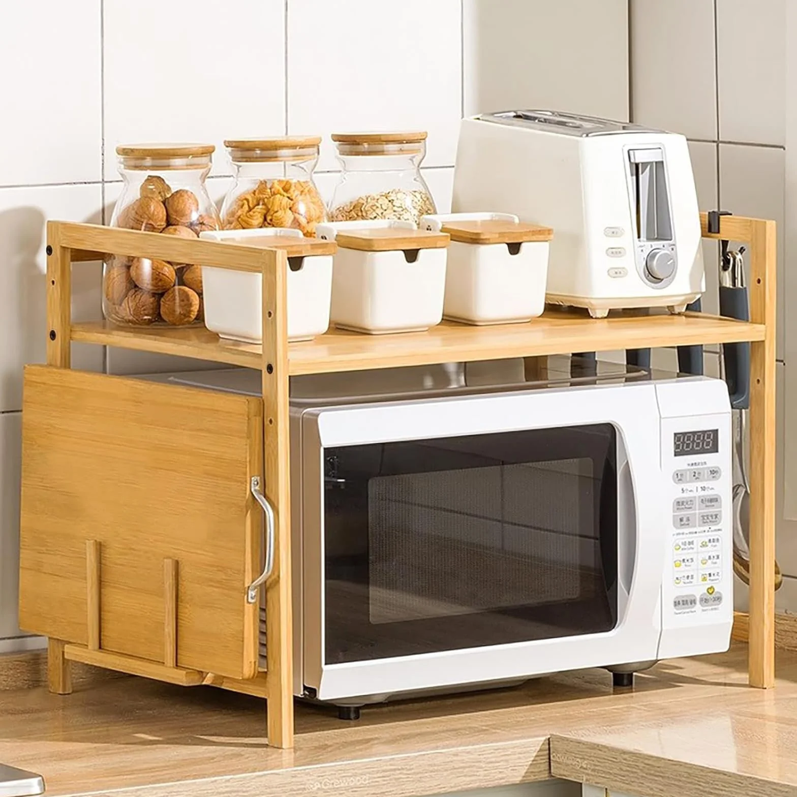 2-poziomowy bambusowy stojak na kuchenkę mikrofalową z haczykami i stojakiem na deskę do krojenia, regulowany, wolnostojący, do kuchni, rustykalny minimalistyczny design, oszczędność miejsca