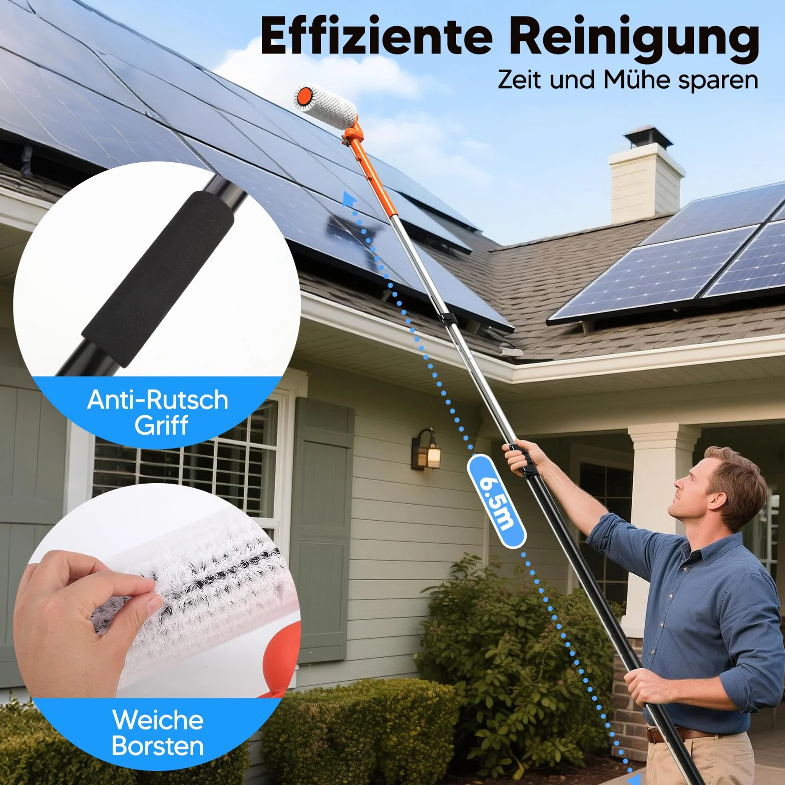 Teleskopowa szczotka elektryczna z uchwytem teleskopowym, 6,5 m, do czyszczenia instalacji PV, szczotką do mycia | wysuwane teleskopowe drążki do czyszczenia okien, dach