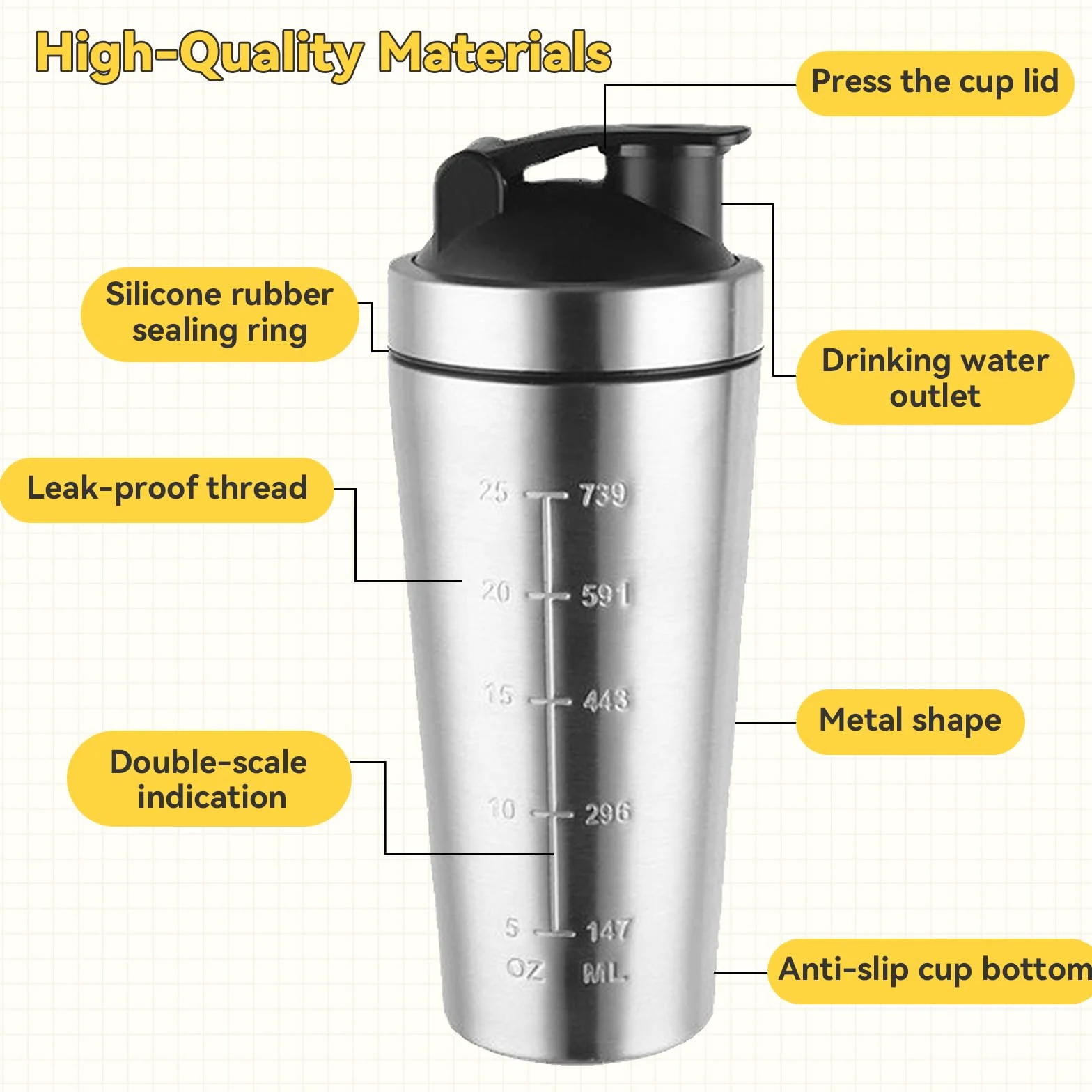 Shaker proteinowy ze stali nierdzewnej, 750 ml, shaker proteinowy ze stali nierdzewnej, z kulką do mieszania, przenośny kubek na wodę, szczelny shaker proteinowy do koktajli proteinowych i