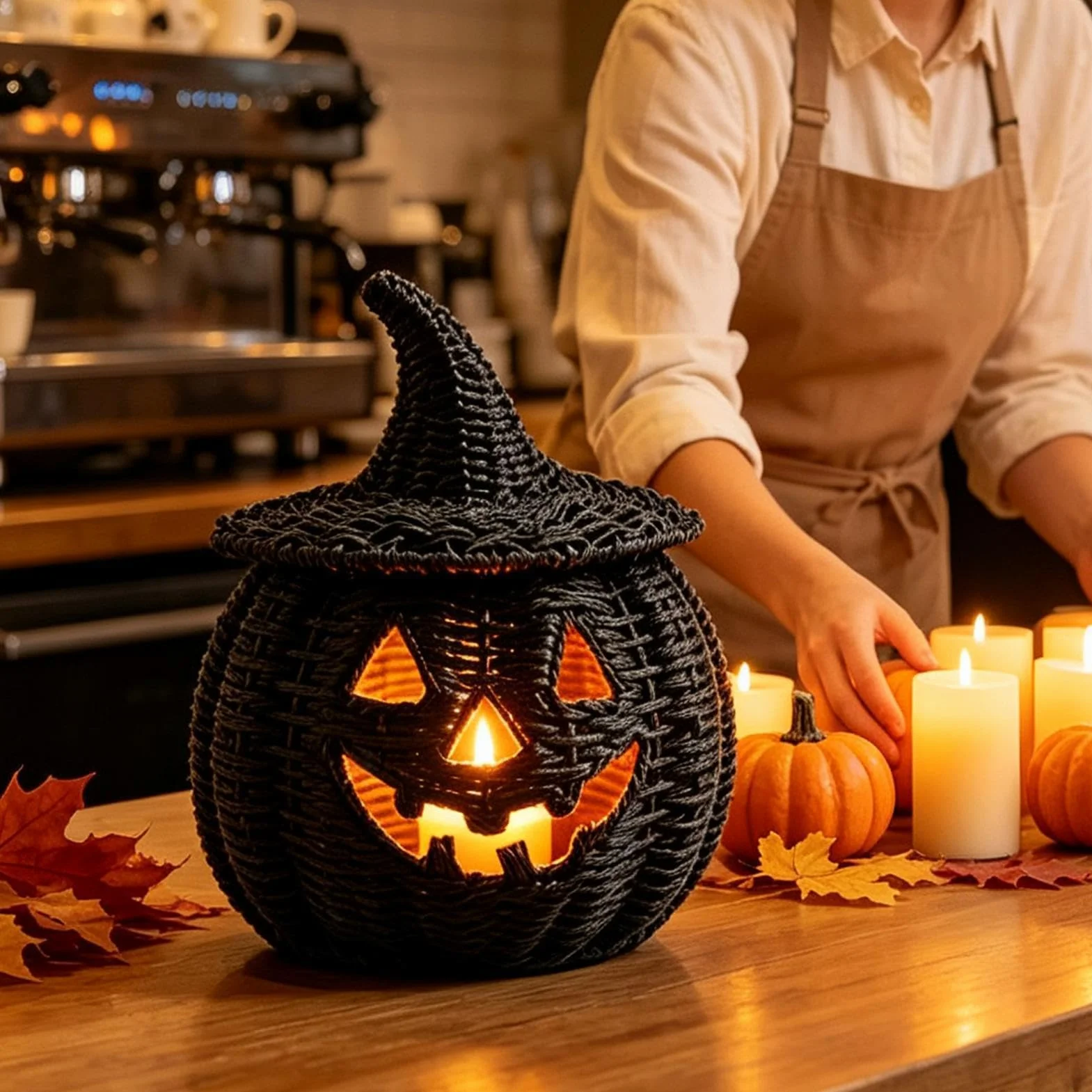 Czarny pleciony kosz dyniowy Pojemnik Do Przechowywania Halloween Ze Świecą | Straszny Kosz Do Przechowywania Słodyczy do domu mieszkania apartamentu salonu biurka kominka stołu jadalnego prze