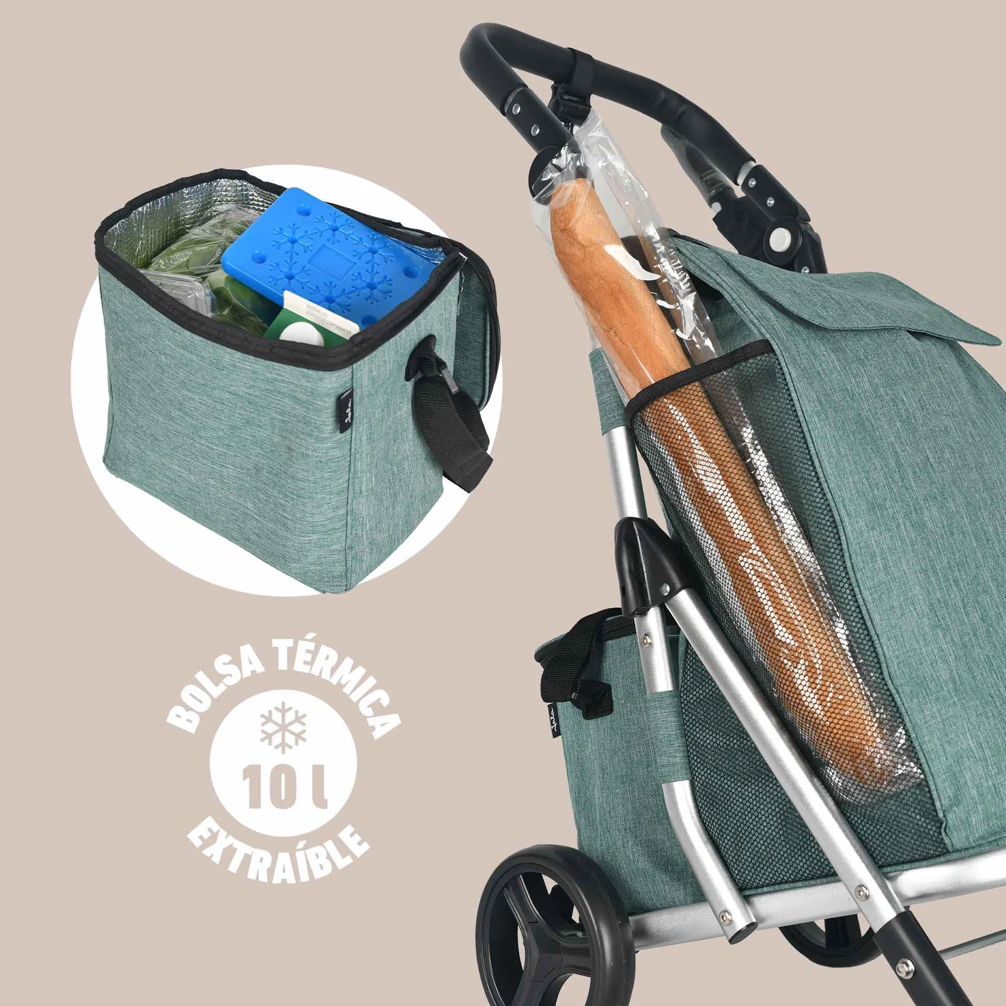 JATA HCAR2501 wózek na zakupy 4 kółka 40 l z torbą chłodzącą do mrożonek, 2 kółka obrotowe o 360°, składany wózek z hamulcem, aluminiowe podwozie