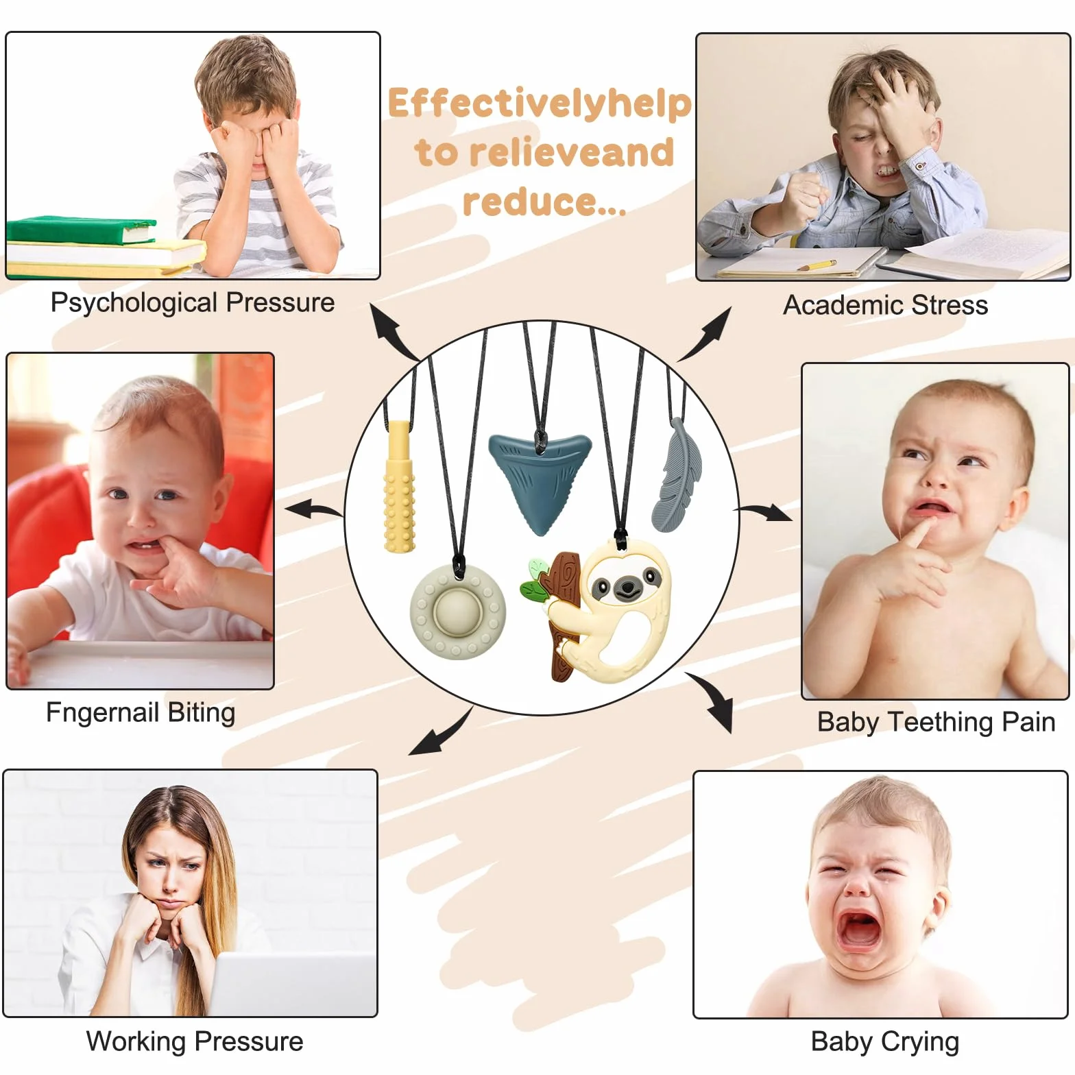 CLDY Łańcuszek do żucia dla dzieci, 5 sztuk, sensoryczny łańcuszek na szyję, charms do żucia, pierścień do gryzienia z silikonu, nie zawiera BPA, zabawka autystyczna