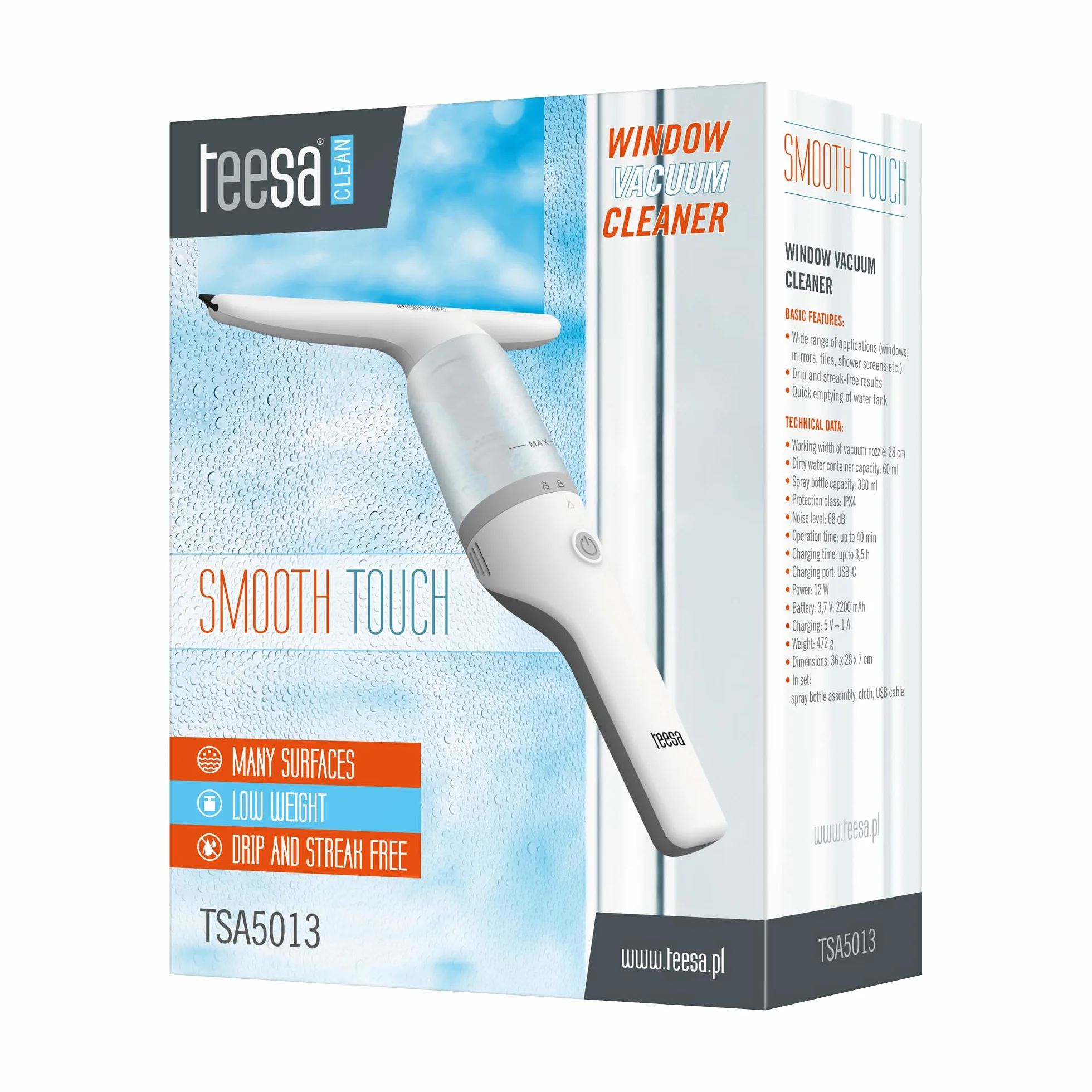 Teesa Myjka Do Okien 12 W Smooth Touch Dysza 28 cm Szerokości Akumulator 2200 mAh TSA5013
