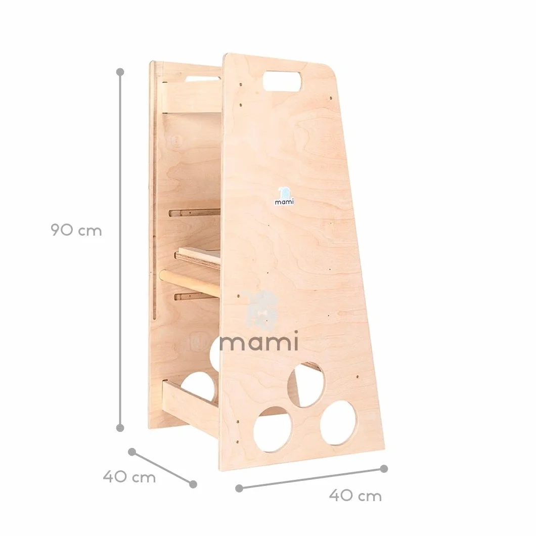 mamikids Learning Tower wieża Montessorian z naturalnego drewna z tablicą dla dzieci w wieku 2-6 lat, wieża Montessorian Learning Learning, możliwość przekształcenia w drabinę, stół, stołek dla