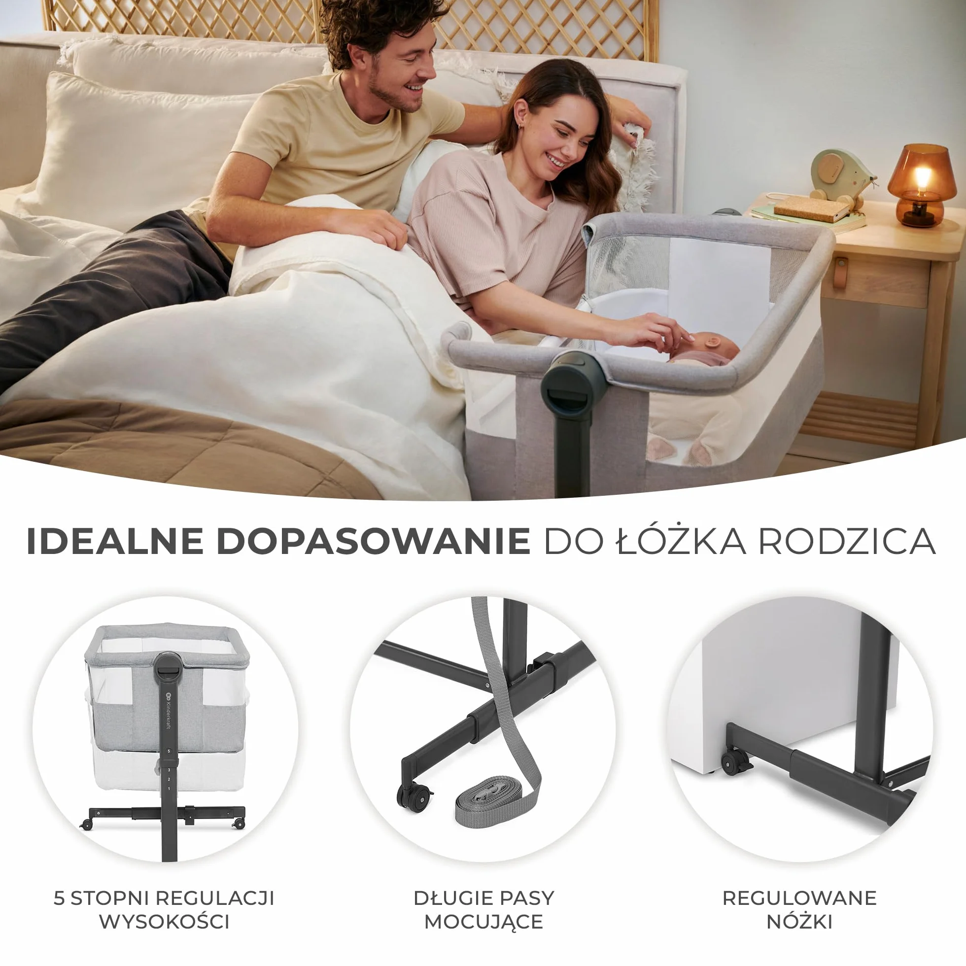 Kinderkraft NESTE UP2 Łóżeczko dostawne, Łóżko turystyczne dziecięce, Regulacja wysokości i kątu nachylenia, Materac i prześcieradło, Solidna konstrukcja, Opuszczana ściana boczna, do 9 kg, Szary