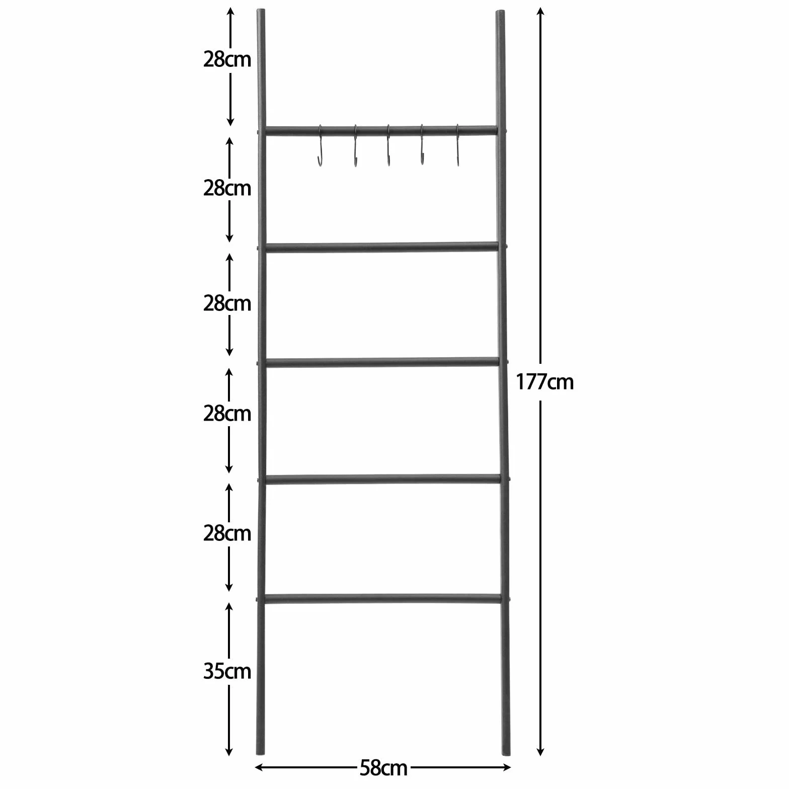 HOOBRO Stojak na ręczniki, półka na drabinę, półka na ręczniki łazienkowe, wieszak na ubrania, z 5 poprzeczkami i 5 haczykami, metalowa rama, stabilny, styl industrialny, łatwy w montażuEBK62CJ01