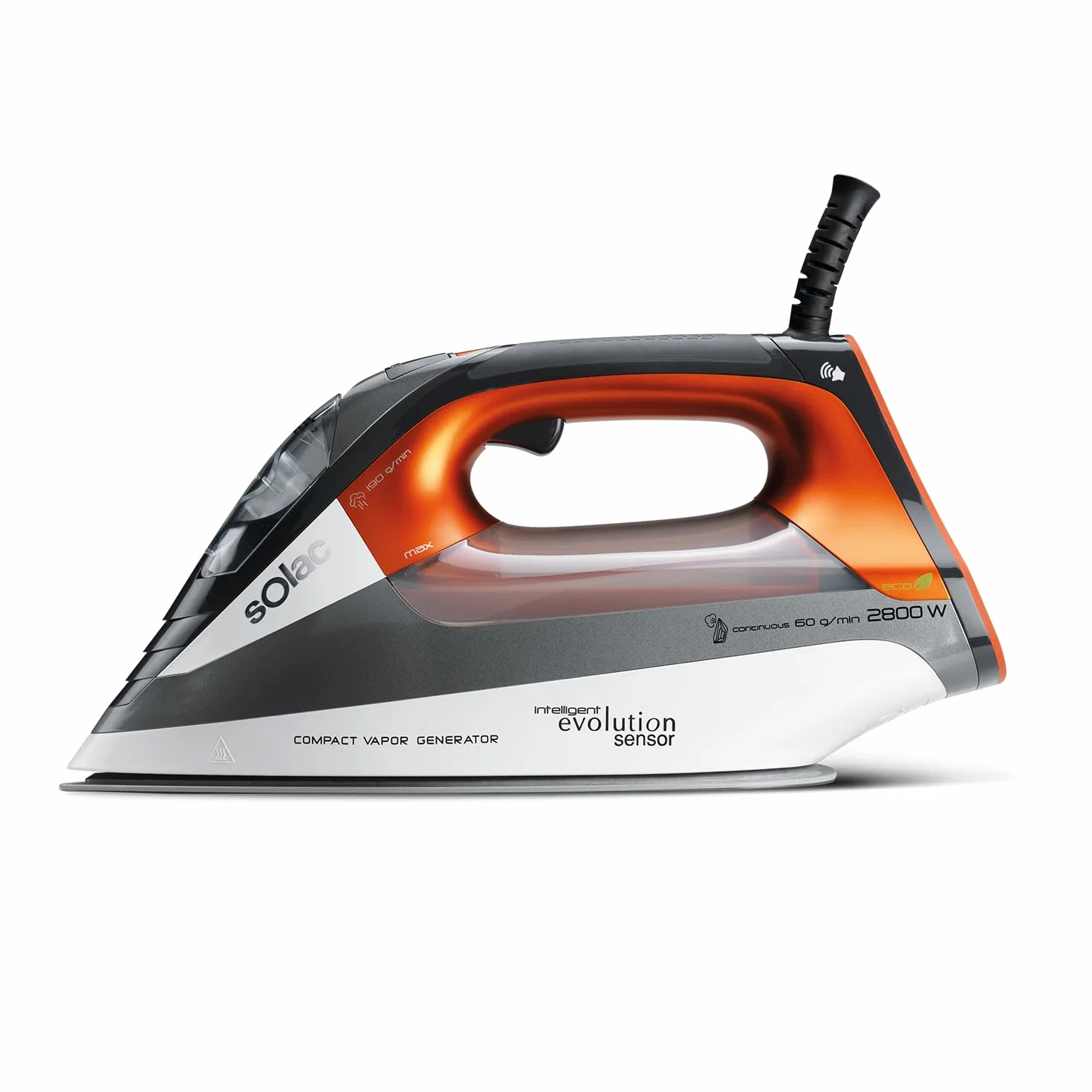 Solac CVG9511 - Żelazko (suche i parowe, Non-stick soleplate, 190 g/min, Czarny, Pomarańczowy, Biały, 3 min, 2800 W)