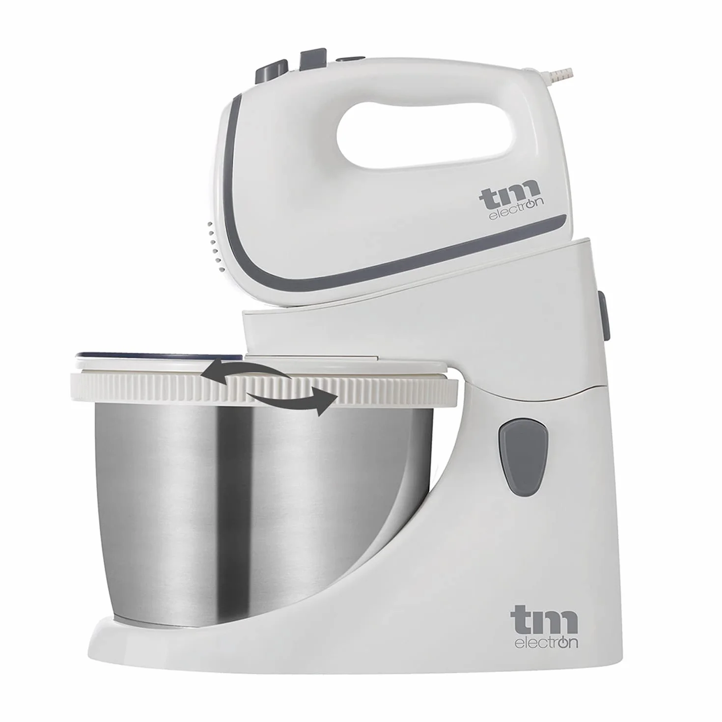 TM Electron TMPBA114 mikser do ciasta, 450 W, z miską ze stali nierdzewnej 2,5 l, hakiem do zagniatania, trzepaczką i przezroczystą pokrywą chroniącą przed rozpryskiwaniem