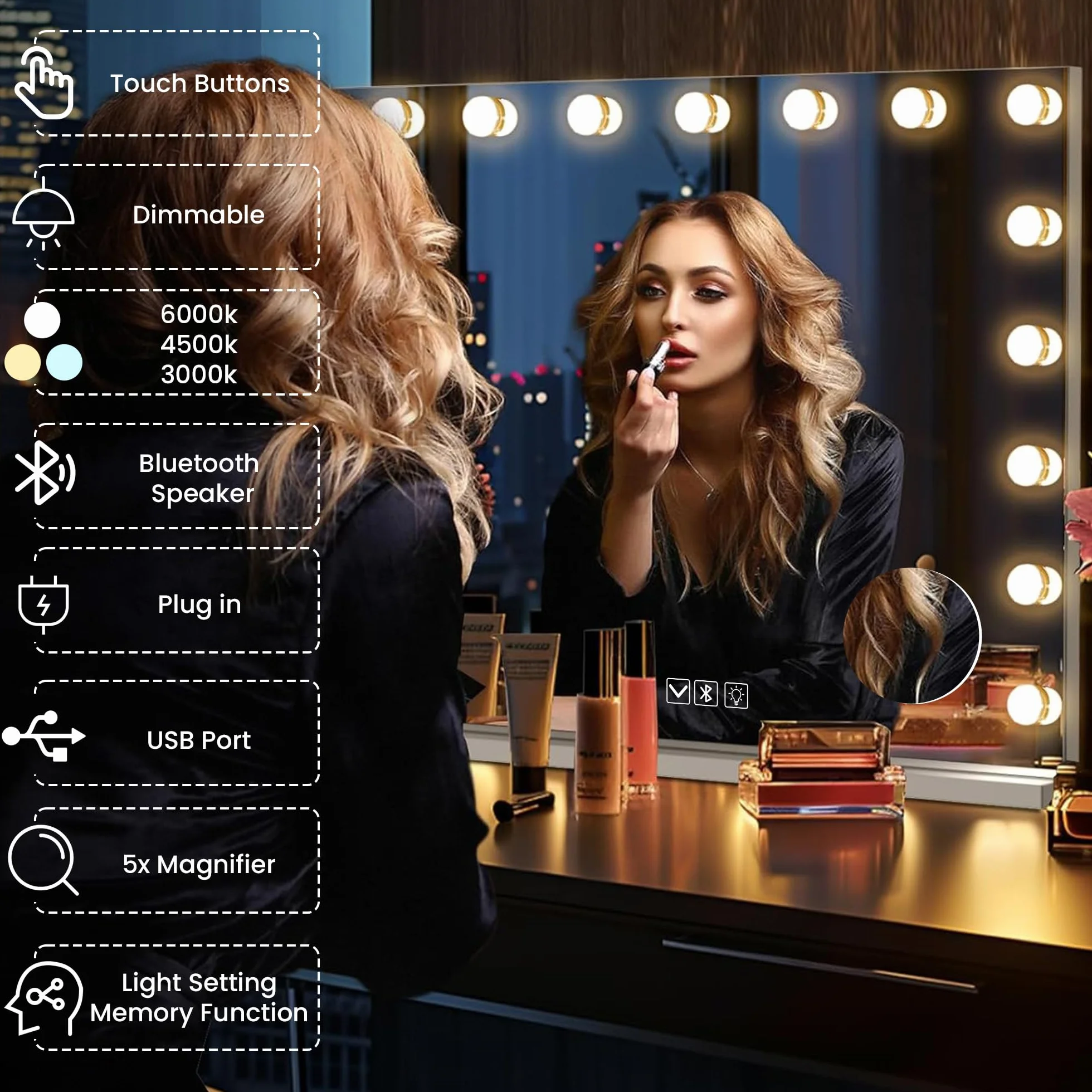 Lustro Hollywood 80 x 60 cm Z Bluetooth Z 19 lampkami LED, lustro do makijażu z wyjściem USB i 5-krotnym powiększeniem, lustro kosmetyczne Bluetooth, 3 temperatury barw światła, ekran dotykowy