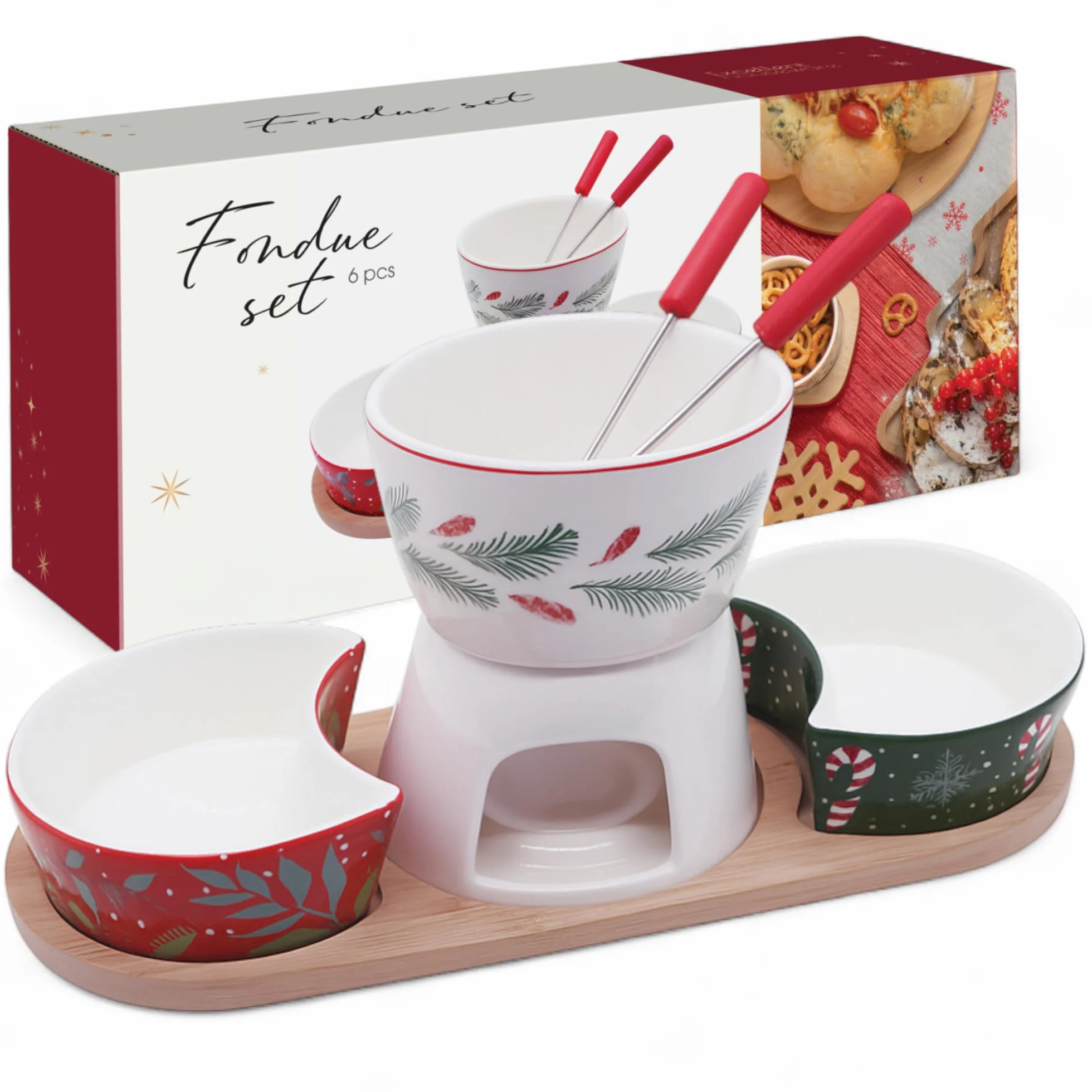 MIJOMA 6-częściowy zestaw do fondue bożonarodzeniowego – porcelanowe fondue z 2 widelcami, 2 miseczkami i drewnianą tacą – zimowy zestaw dekoracyjny i serwujący na świąteczne chwile rozkoszowania się