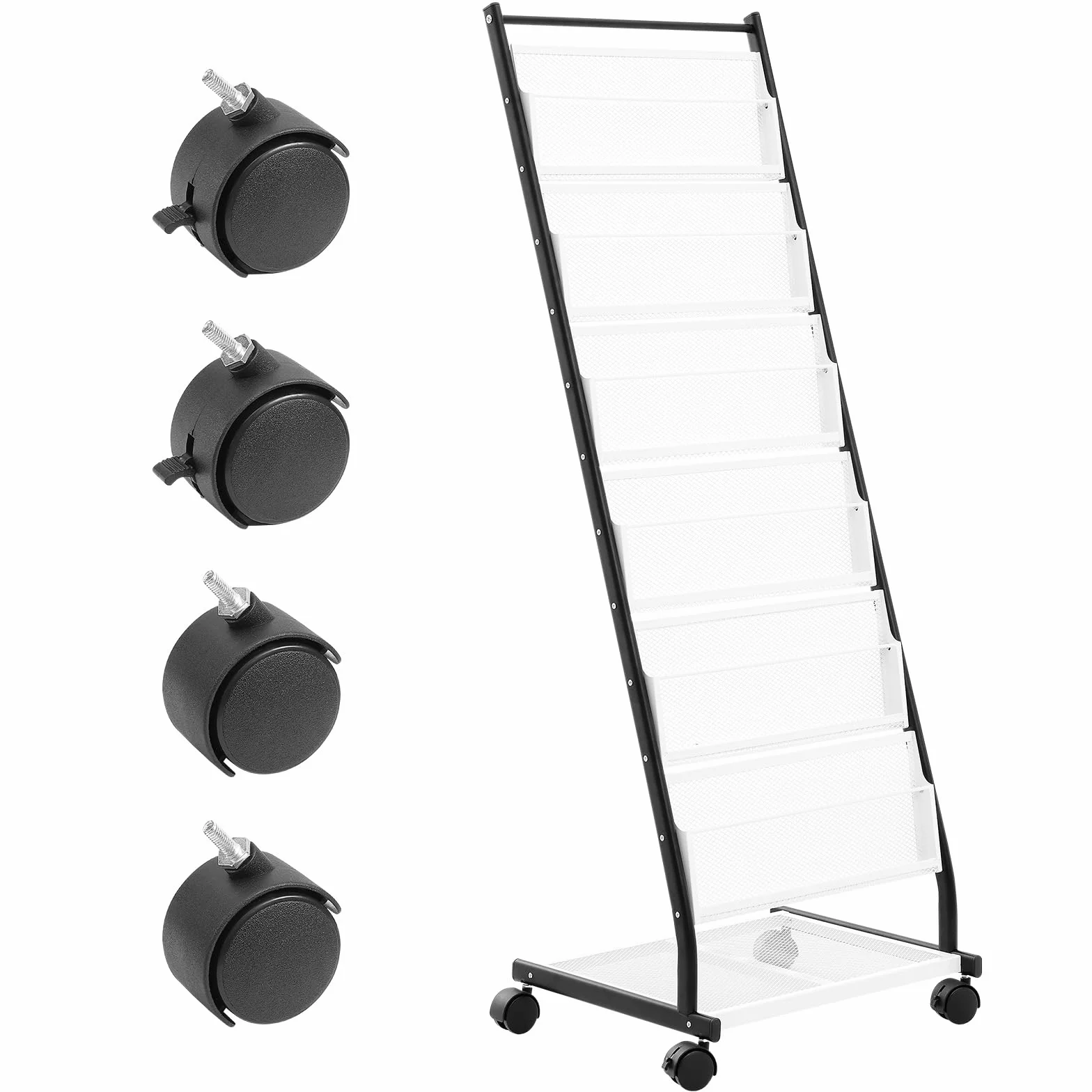 VEVOR 6-stopniowy stojak na czasopisma, stojący uchwyt na katalog gazet, ruchomy z 4 kółkami (2 blokady), 6 toreb