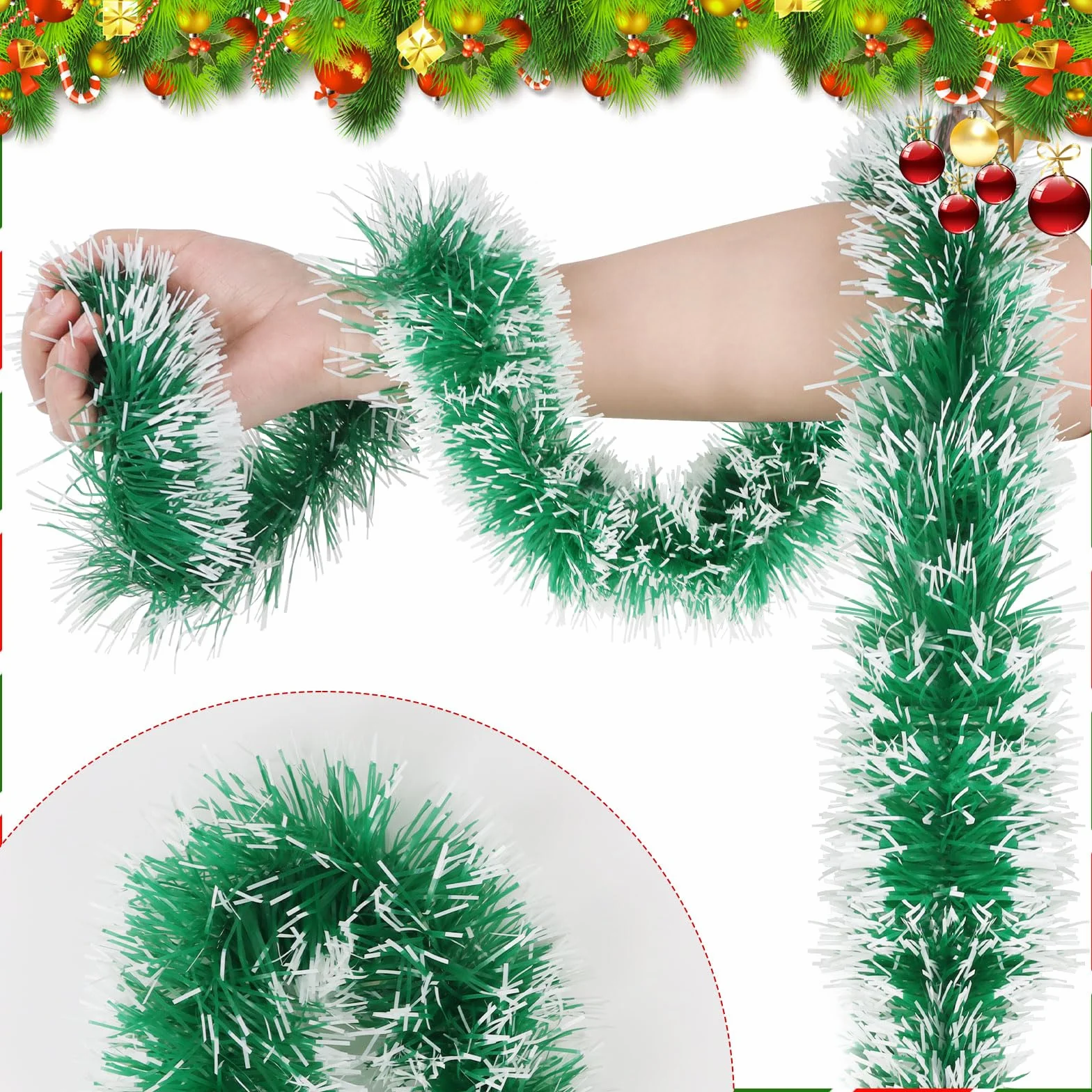 LOMIMOS 15 m girlanda bożonarodzeniowa jodła, zielona wieniec bożonarodzeniowa girlanda sztuczna jodła wisząca ornament świąteczne girlandy 9 cm dekoracja na imprezę do wnętrz i na zewnątrz