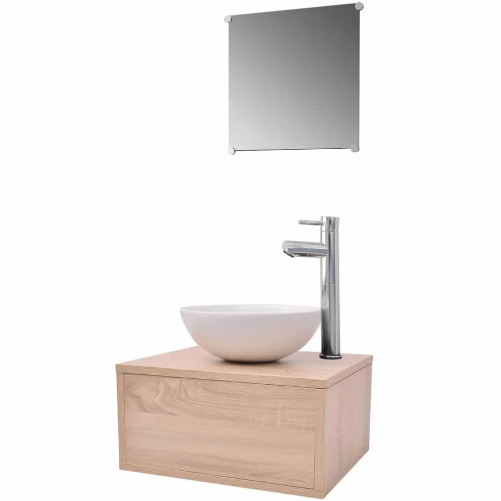 4-częściowy zestaw mebli łazienkowych beżowy z szafką dolną do montażu na ścianie, umywalka ceramiczna i bateria jednouchwytowa, nowoczesne meble łazienkowe