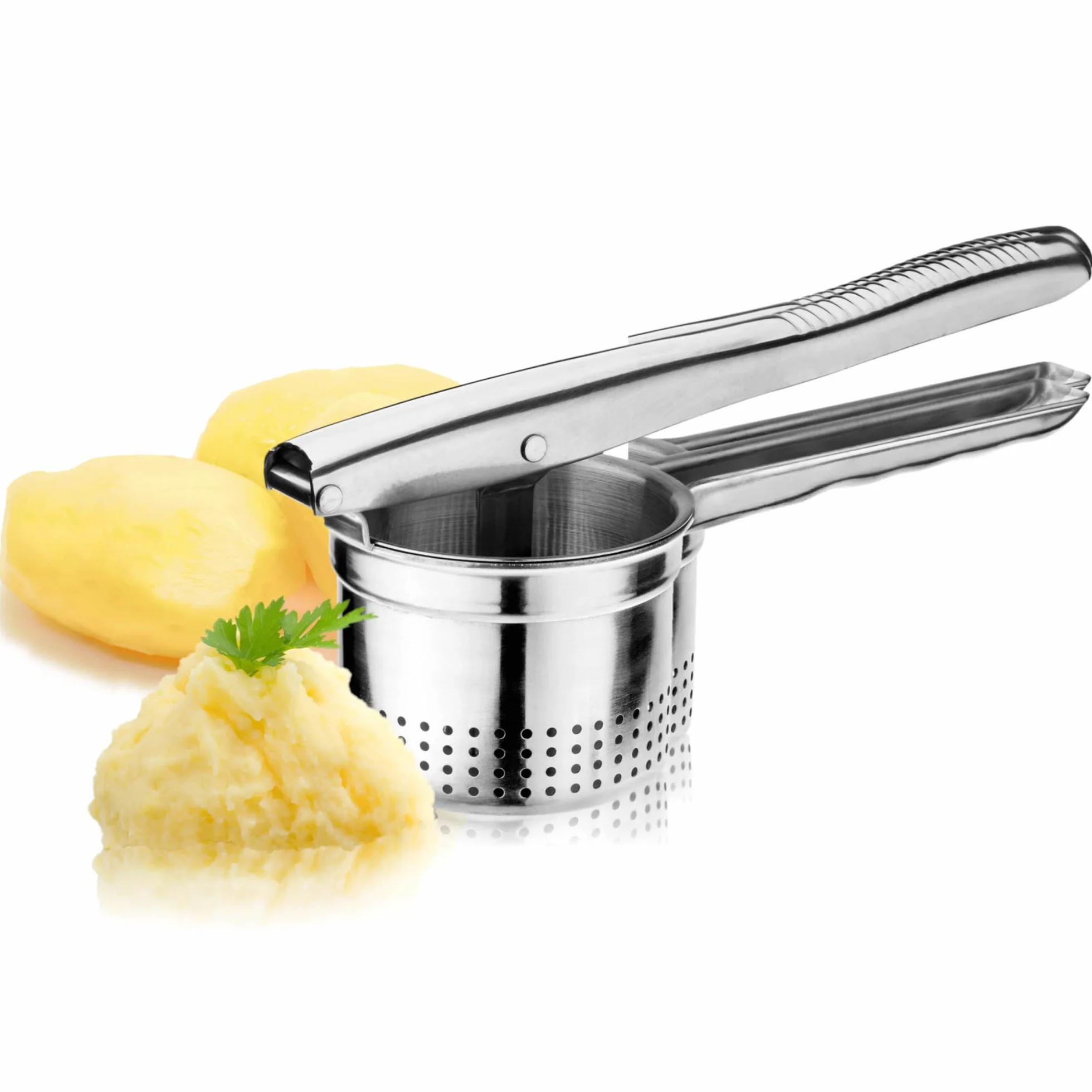 KADAX Praska do ziemniaków 24,5 cm ze stali nierdzewnej, zmywarkoodporna, mocne tłoczenie bez grudek, do purée, klusek Spätzle i przecierania warzyw oraz wyciskania soków