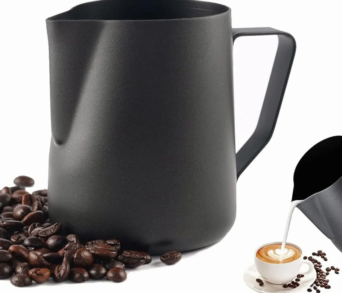LATRAT Coffee Barista dzbanek na mleko ze stali nierdzewnej, idealny do produkcji pianki mlecznej, uniwersalny dzbanek do spieniania mleka do cappuccino i latte, czarny, 350 ml