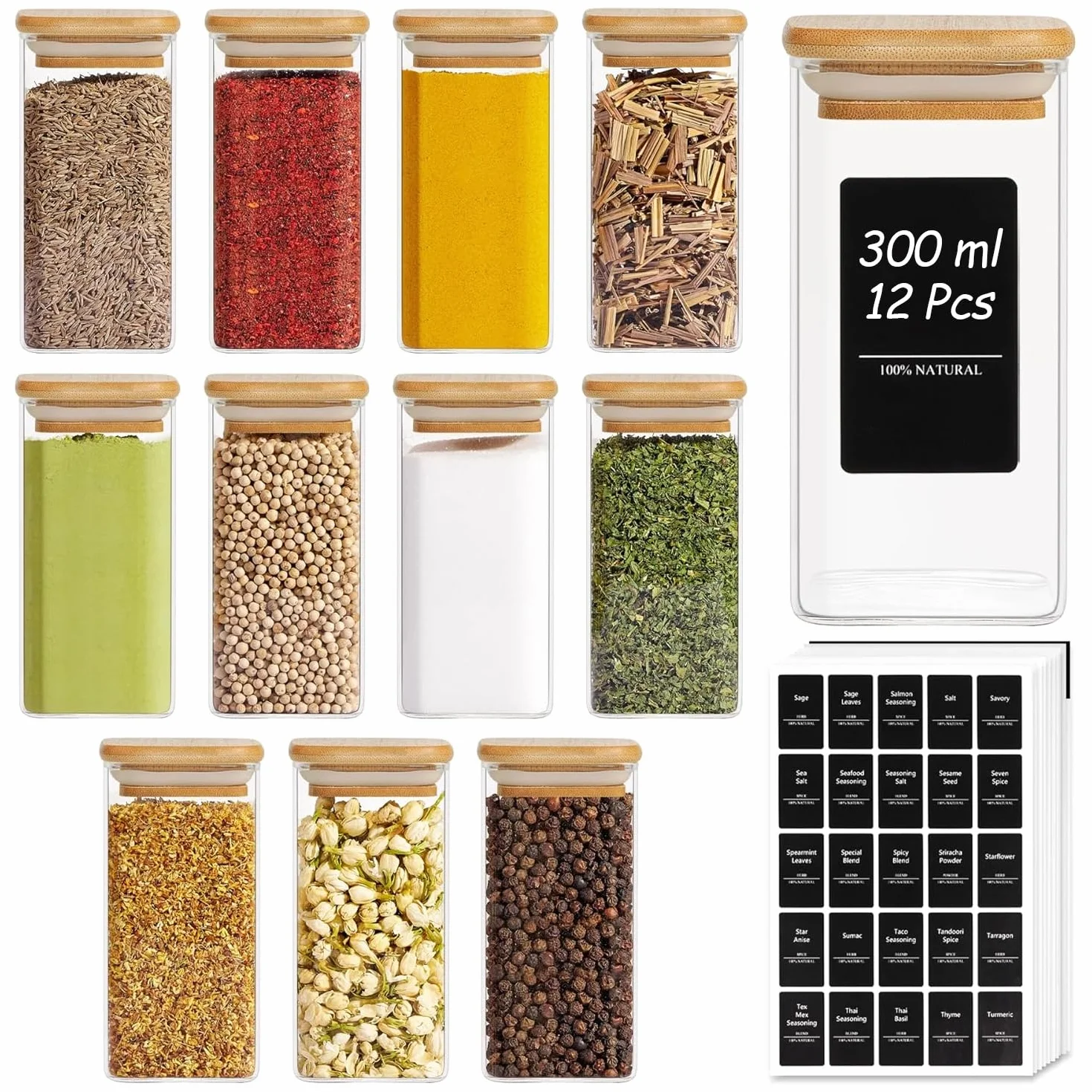 ComSaf 12 Stuks Glazen Kruidenpotjes met Bamboe Deksel – 300 ml Vierkante Voorraadpotten met 275 Etiketten, Luchtdicht Bewaren voor Kruiden en Specerijen, Bakpoeder, Cacao, Specerijenmixen en Snacks