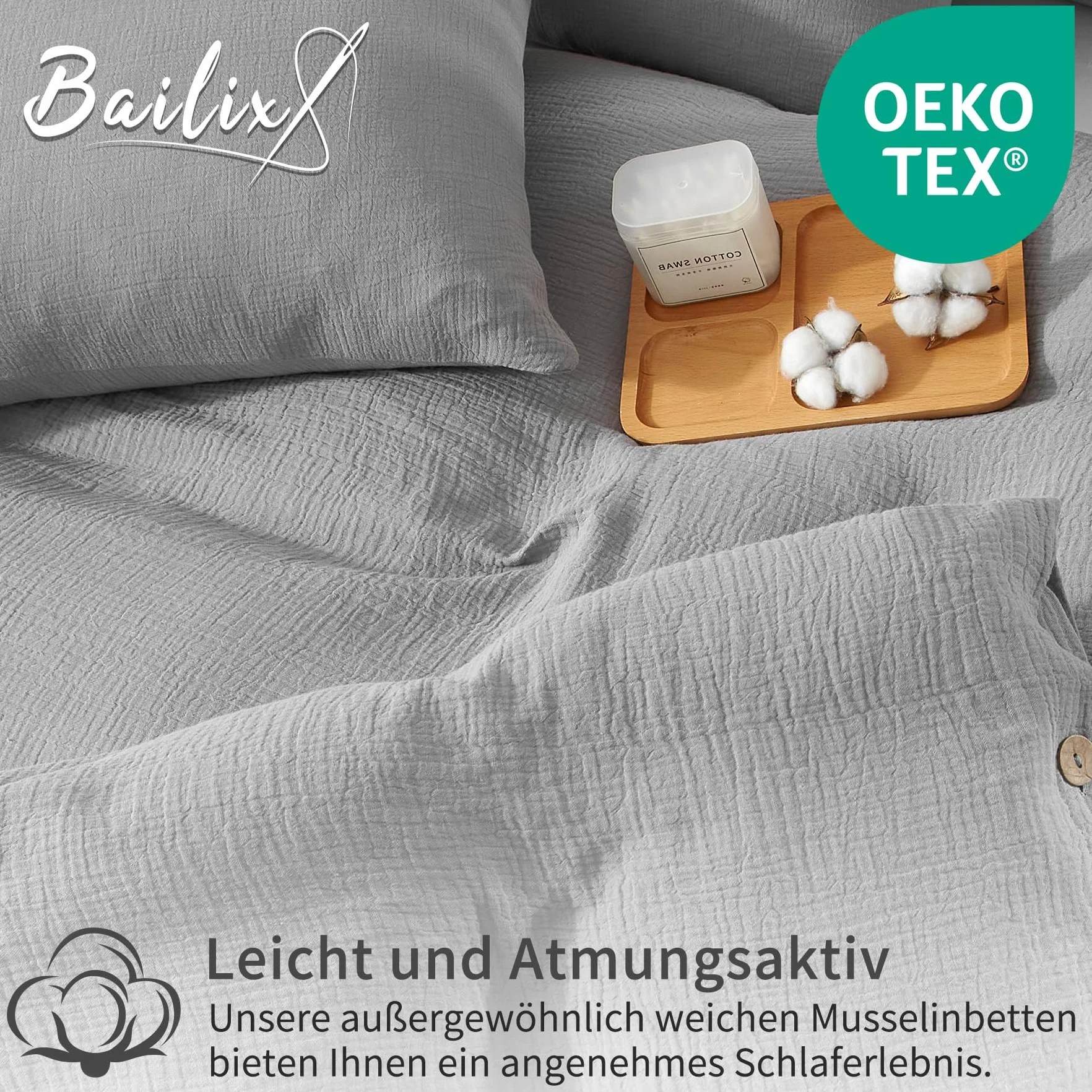 Bailix Premium Komplet pościeli z muślinu 200x220, 3-częściowy, 100% bawełna, oddychająca i nie wymaga prasowania, poszwy na kołdry 200x220cm + 2 poszewki na poduszki 80x80cm, zestawy pościeli