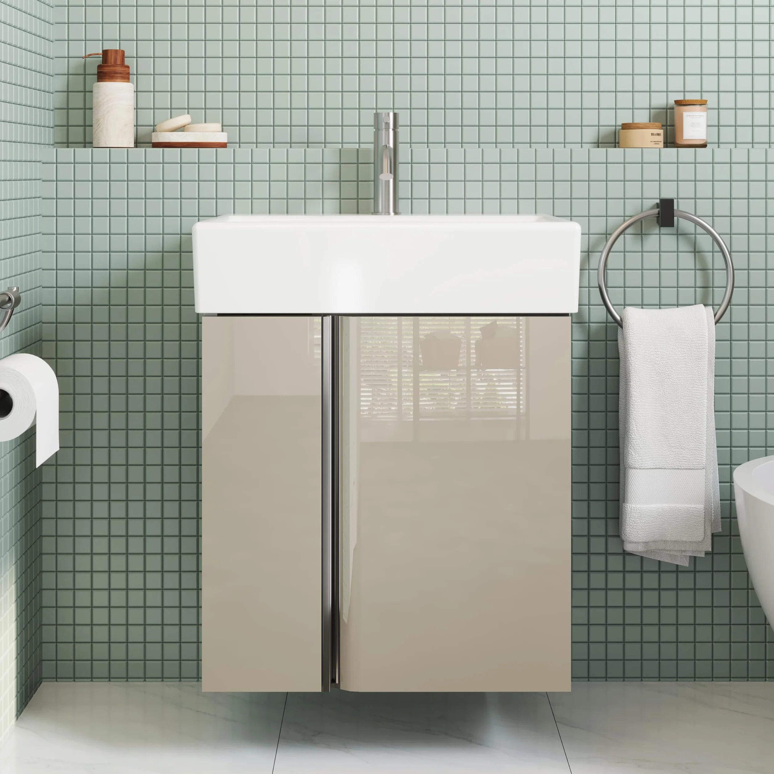 Szafka Łazienkowa 50 cm Z Ceramiczną Umywalką Do Toalety Gościnnej, Kompaktowy Mebel Do Małych Przestrzeni, Połyskujący Taupe