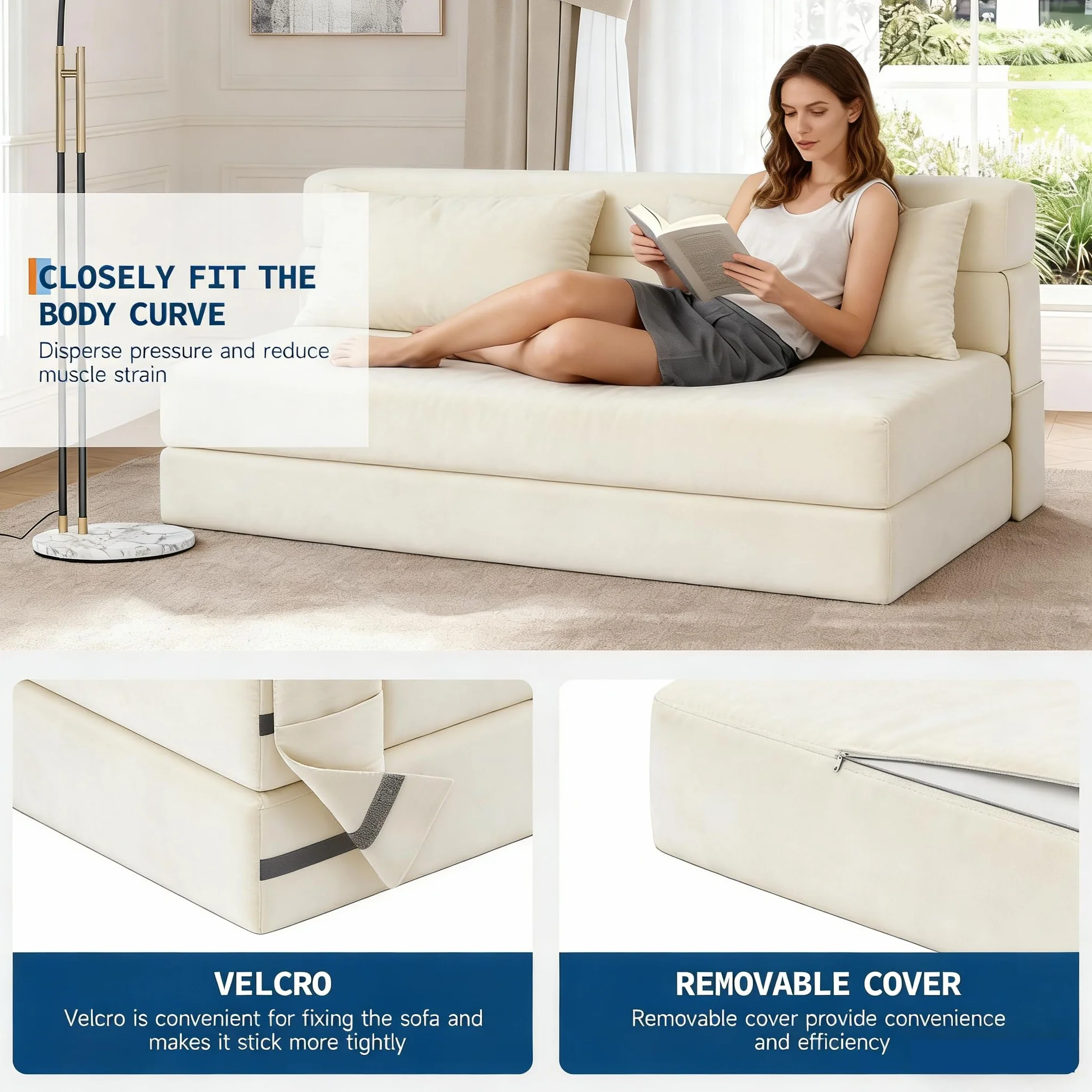 Dwuosobowa sofa rozkładana z prążkowanego aksamitu, 2 w 1 rozkładany fotel z 2 poduszkami, zdejmowany pokrowiec, 2-osobowa leniwa / podgrzewana sofa do sypialni, salonu (200 x 150 x 15 cm, beżowy)
