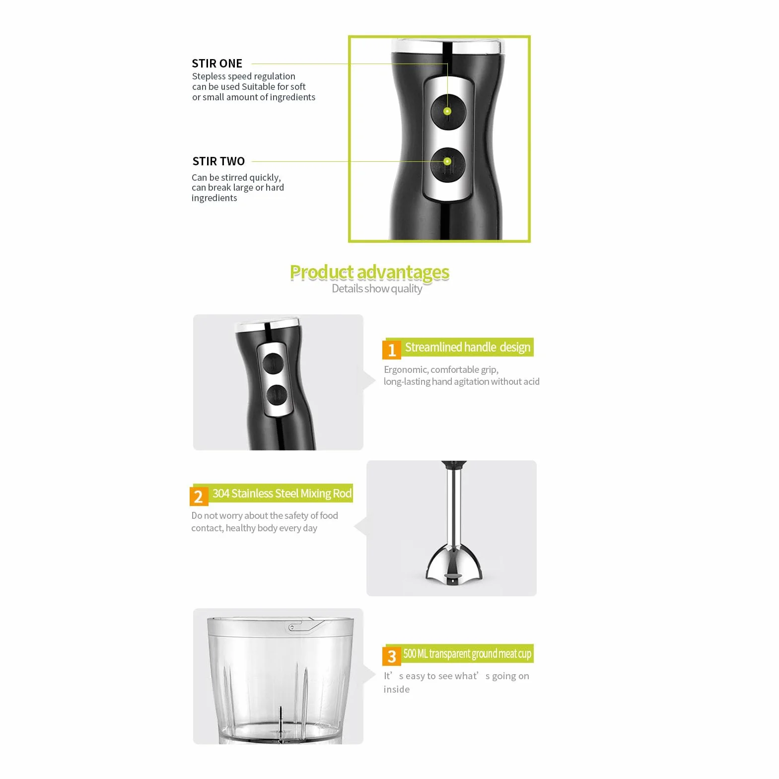 Cocoarm Zestaw Ręcznego Blendera, 400W Mocny Blender Zanurzeniowy ze Stalowym Korpusem i Plastikowymi Kubkami, Zawiera trzepaczkę i Rozdrabniacz do Smoothie, Zup, Sosów (wtyczka UE)