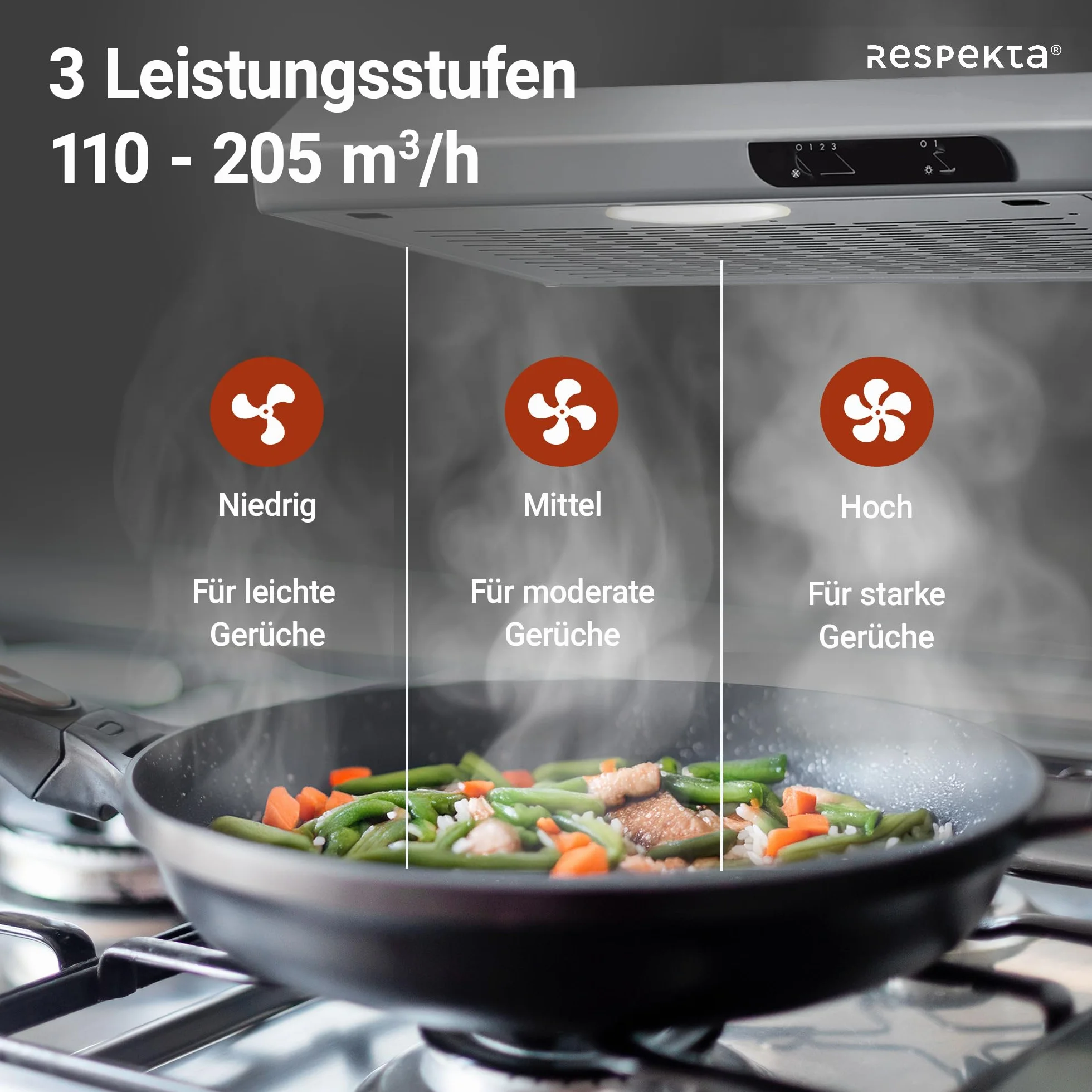 Respekta Okap kuchenny podszafkowy/Okap podszafkowy 50 cm/Metalowa obudowa o wyglądzie stali nierdzewnej/Funkcja wywiewu i recyrkulacji / DH540IXL / C / 52–68 dB