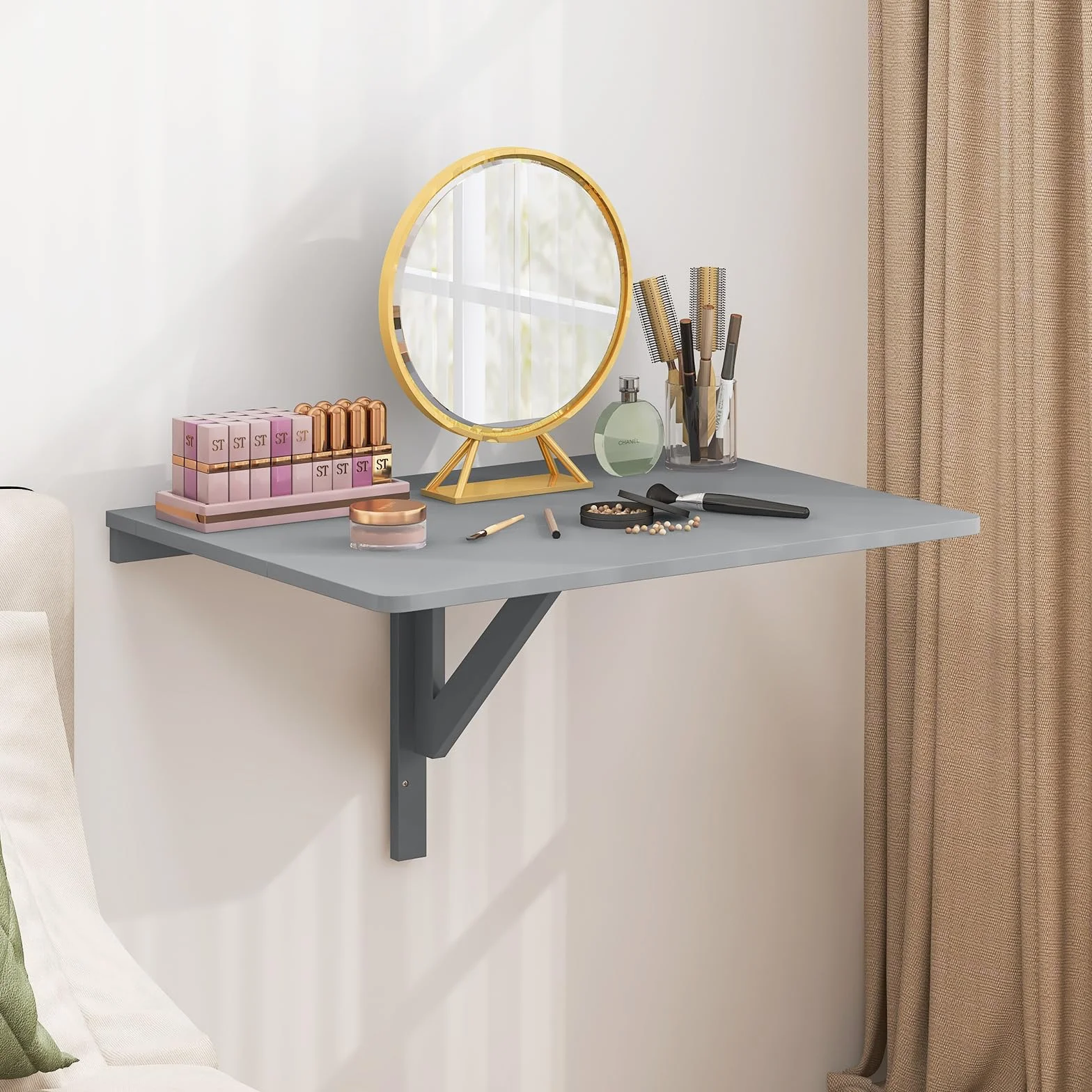 COSTWAY Składany stół ścienny 80x60 cm szary do kuchni jadalni gabinetu