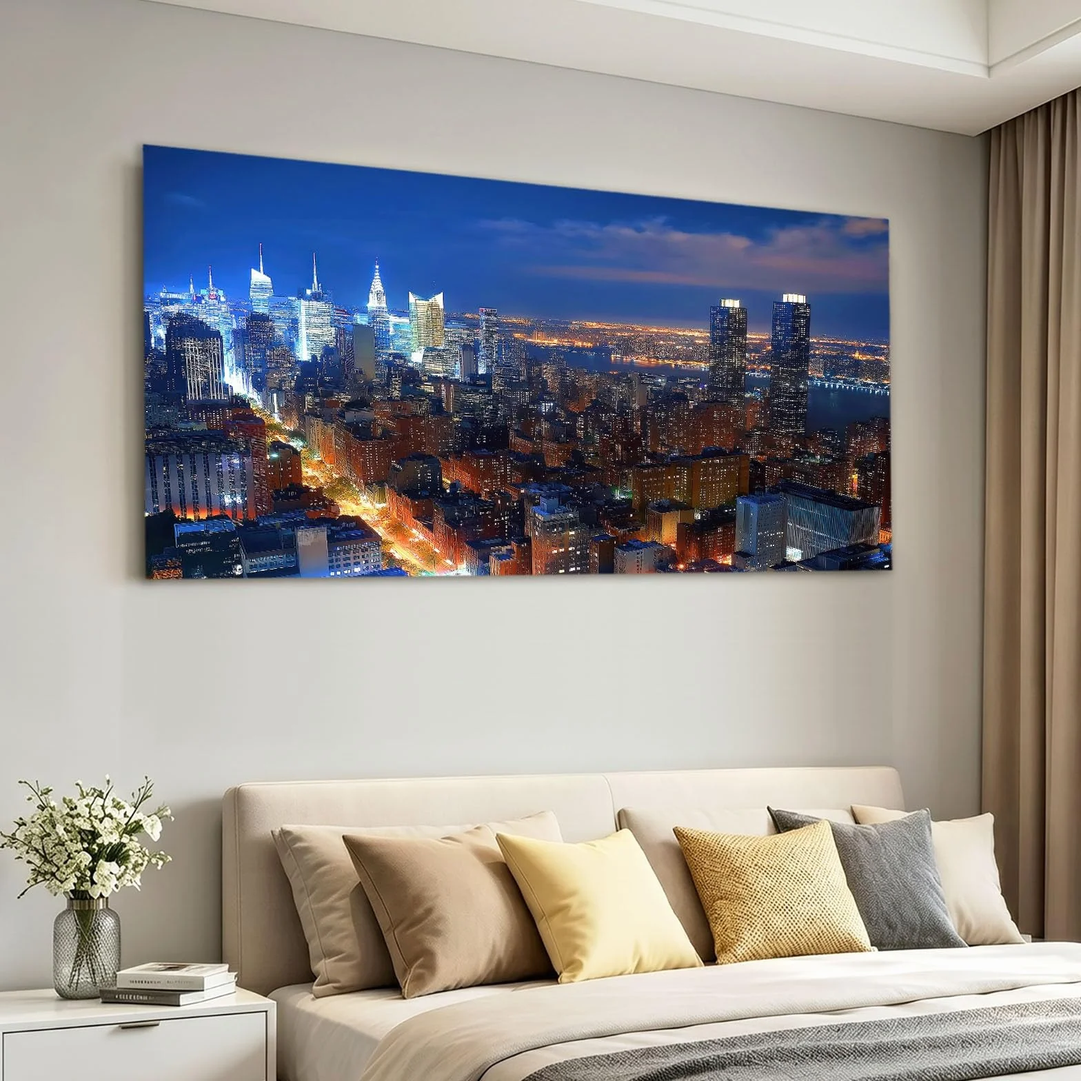 Nowoczesny obraz na płótnie 120 x 60 cm niebieski miasto drapacz chmur widok nocny - obraz na płótnie na drewnianej ramie i dekoracja do salonu i sypialni