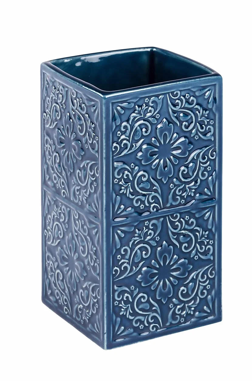WENKO kubek Cordoba niebieski uchwyt na szczoteczkę do zębów i pastę do zębów, ceramiczny, 6,5 x 6,5 x 12 cm