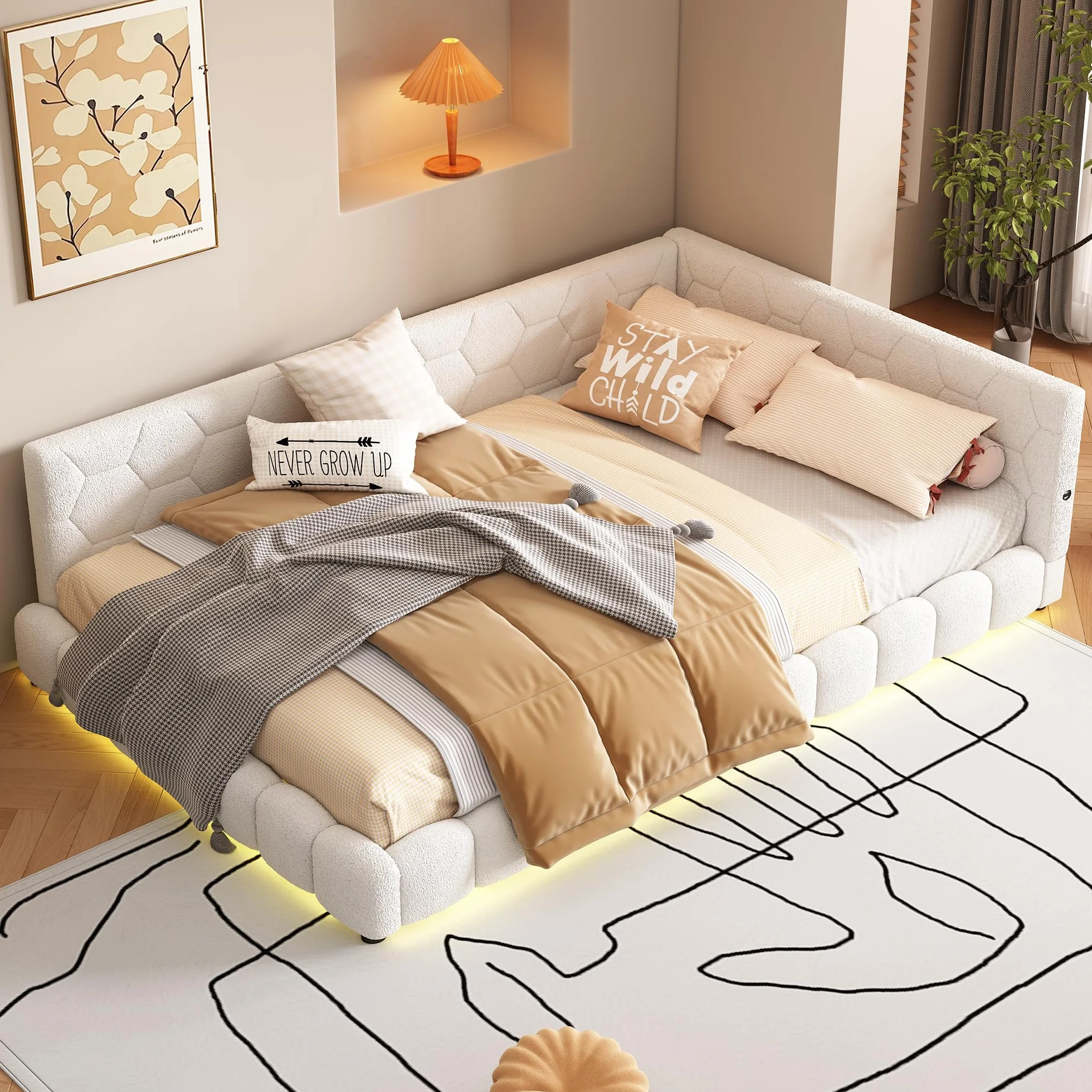 Łóżko tapicerowane z funkcją rozkładanego kanapy 140x200cm, z oświetleniem otoczenia i złączem USB, łóżko dziecięce z stelażem listwowym, łóżko wielofunkcyjne, łóżko młodzieżowe, materiał z