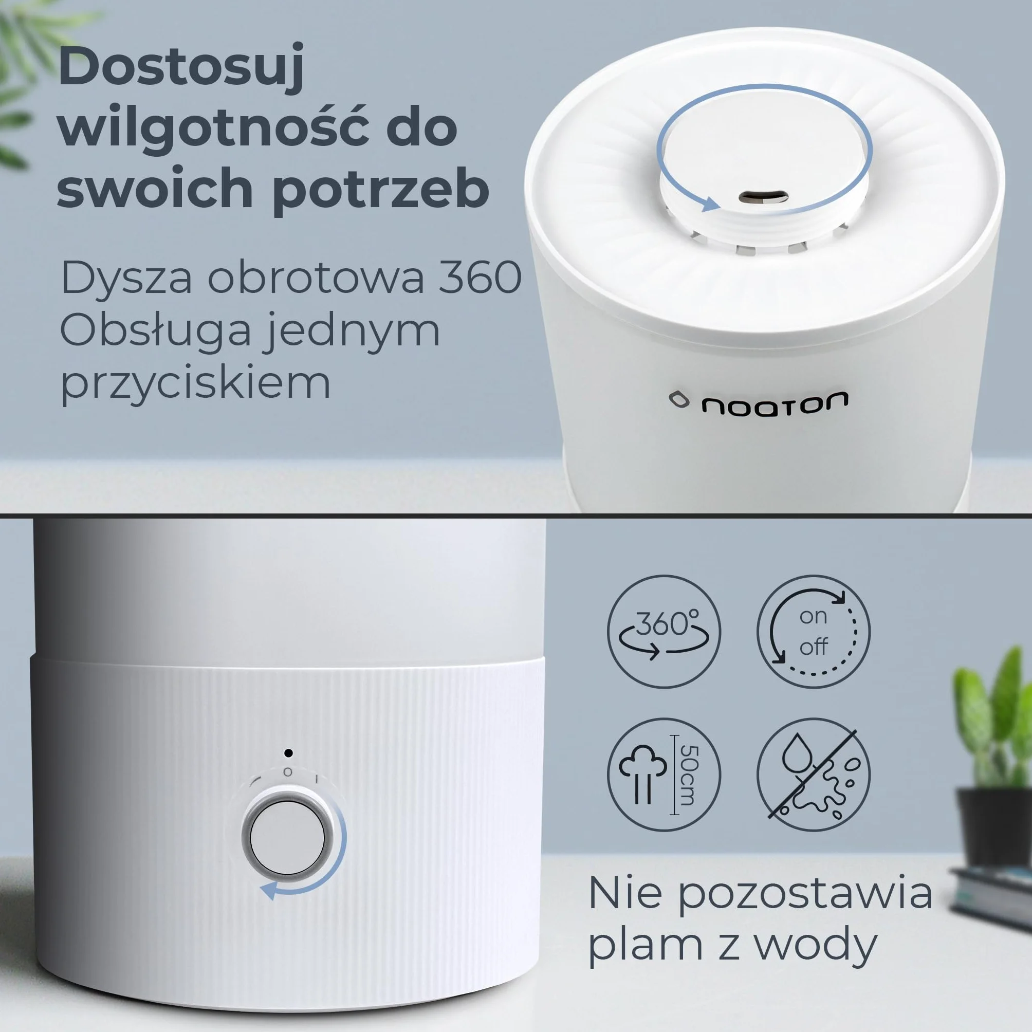 Noaton Essential Nawilżacz Powietrza 3,3L, Napełnianie od Góry, 33h Pracy, Oświetlenie LED