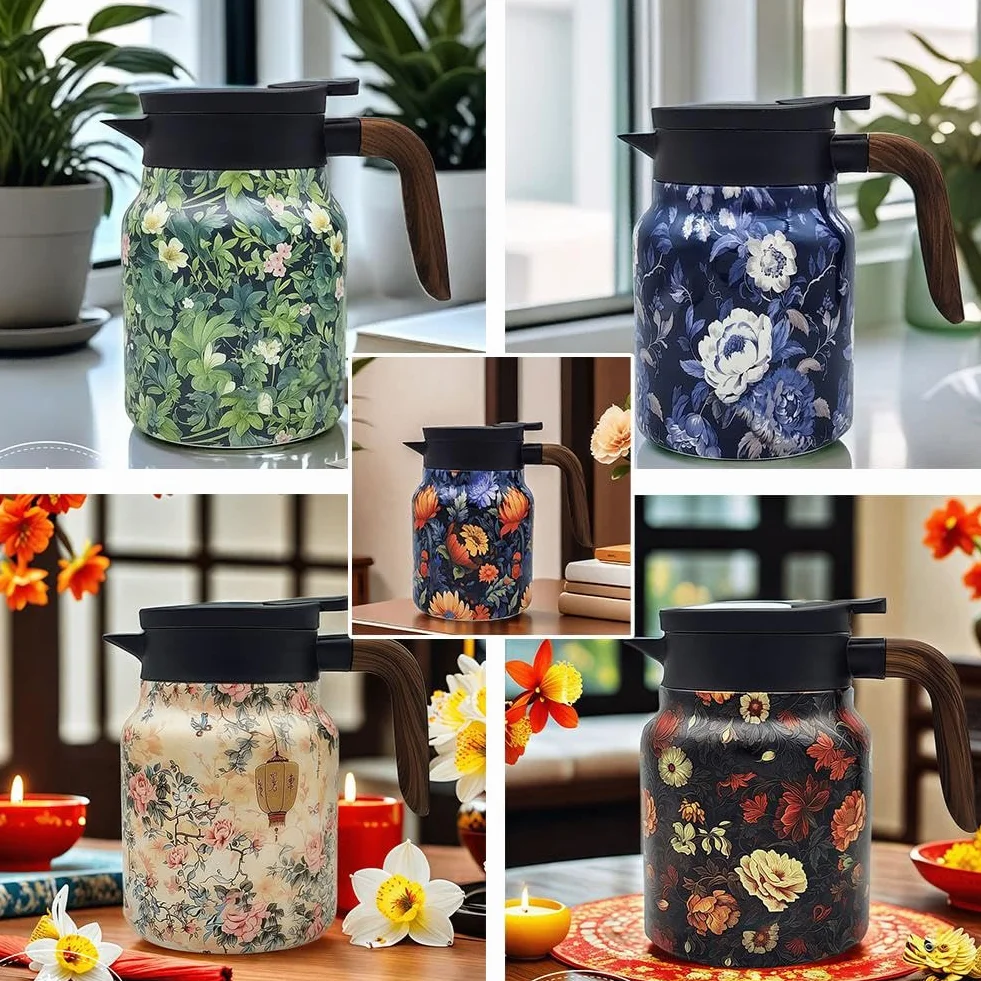 Dzbanek do herbaty w stylu vintage, kwiatowy wzór, 1000 ml, wbudowany zaparzacz do herbaty w stylu vintage, karafka termiczna ze stali nierdzewnej z pokrywką, do gorących napojów, mini dzbanek do kawy
